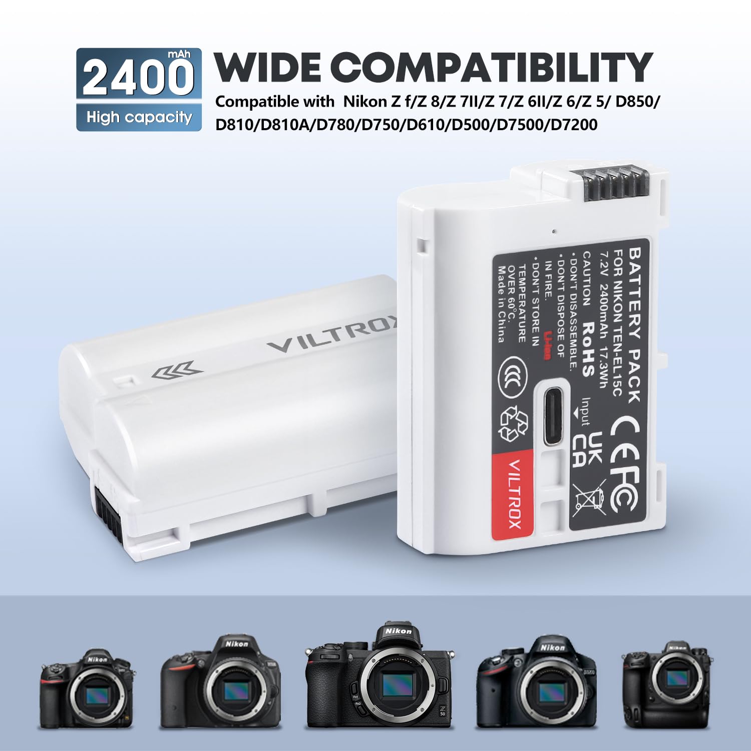 Viltrox En El15C 2400Mah Rechargeable Camera Battery, Type C 2.5Hrs Fast Charging Replacement Battery For Nikon Zf, Z8, Z7, Z7Ii