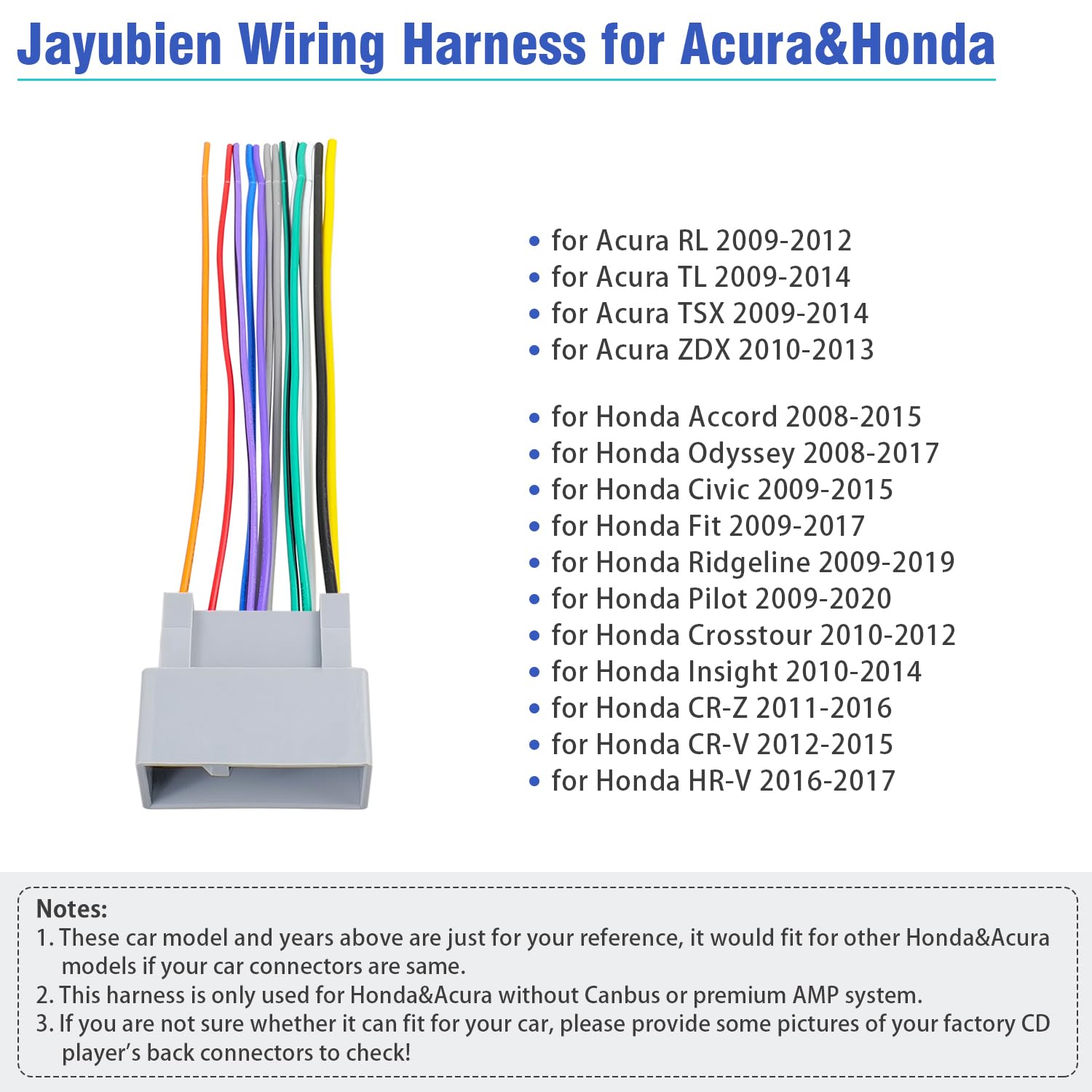 Jayubien 24Pin Radio Stereo Wiring Harness Compatible With 2010 2015 Honda Accord Odyssey Civic Pilot Crv Pilot, Fit For 2009 20