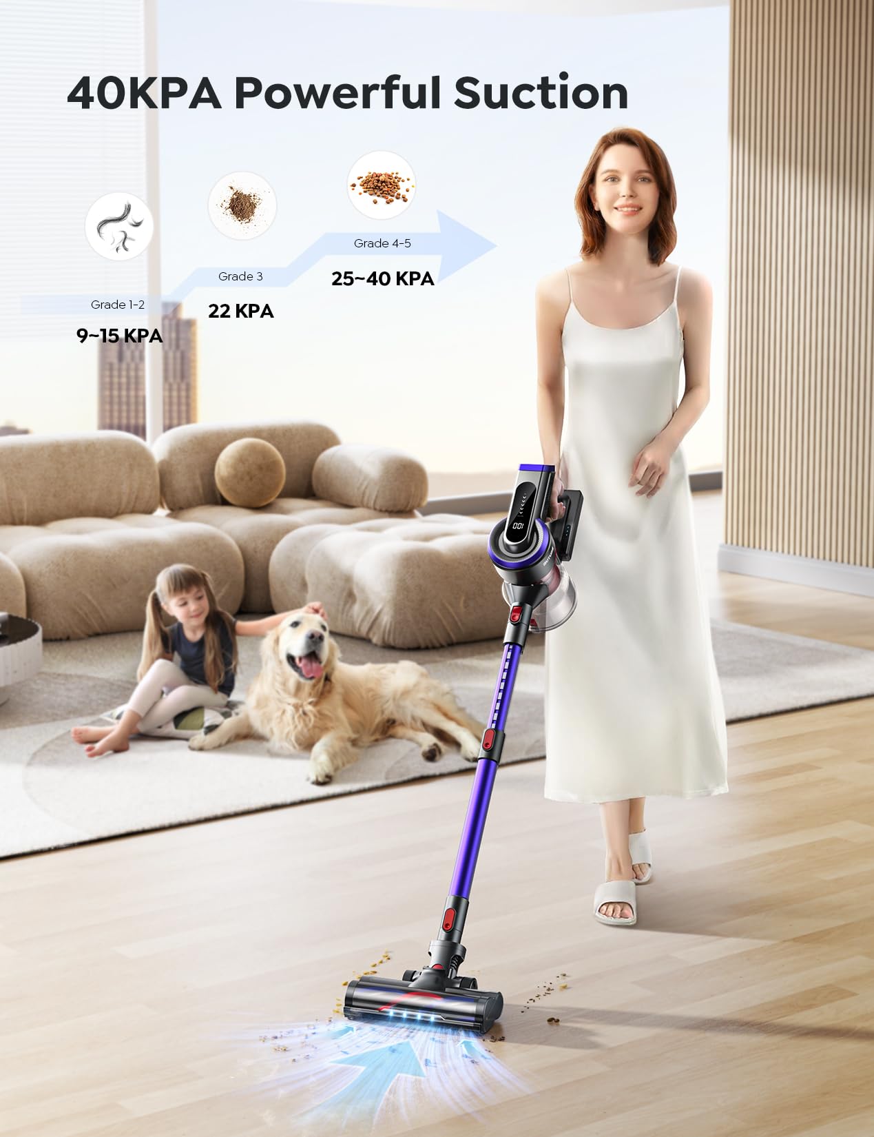 Inteture Cordless Vacuum Cleaner, 450W 40Kpa Vacuum Cleaners For Home, Max 55Mins Anti Tangle Stick Vacuum With Touch Display, L