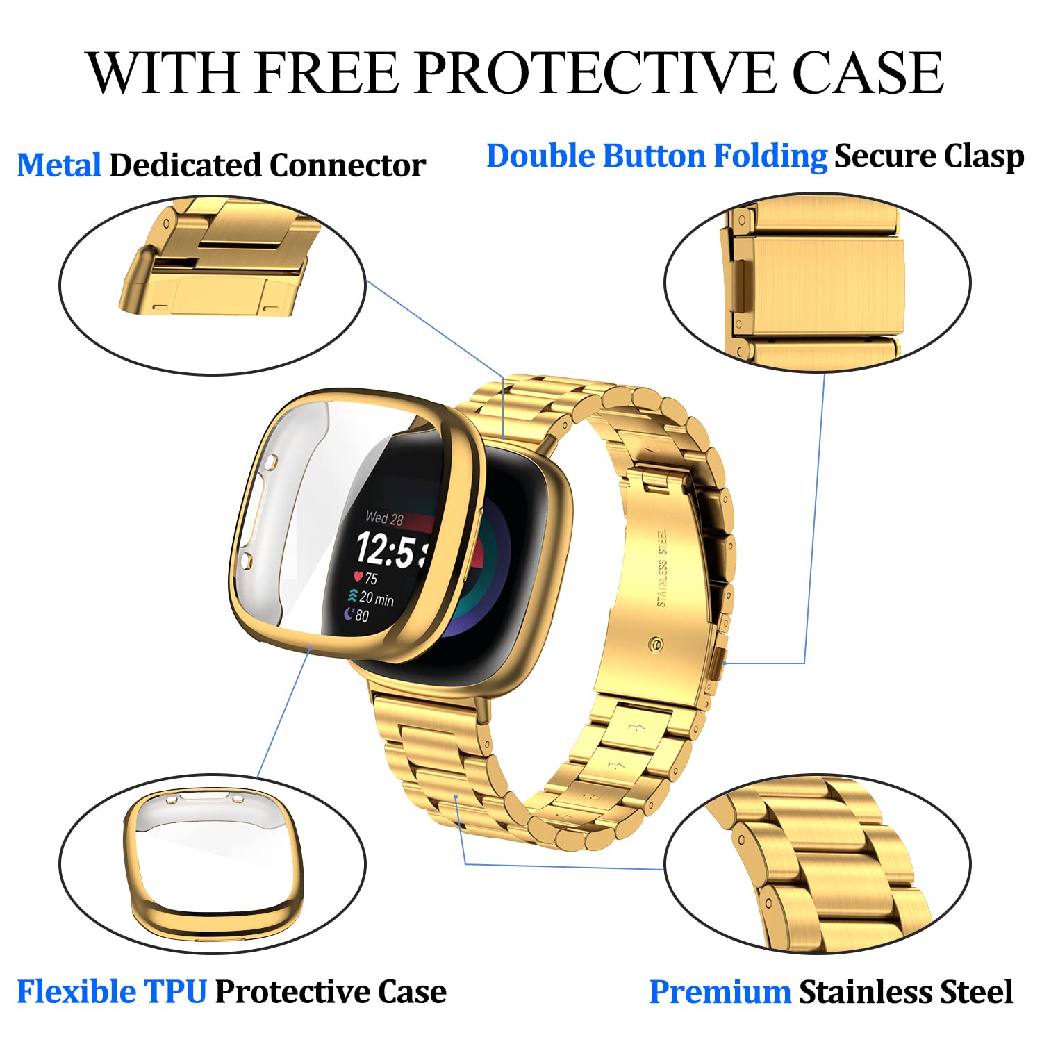 Zpjpplx For Fitbit Versa 4 Metal Watch Band With Soft Tpu Case,Compatible With Fitbit Sense 2 Stainless Steel Strap And Screen P