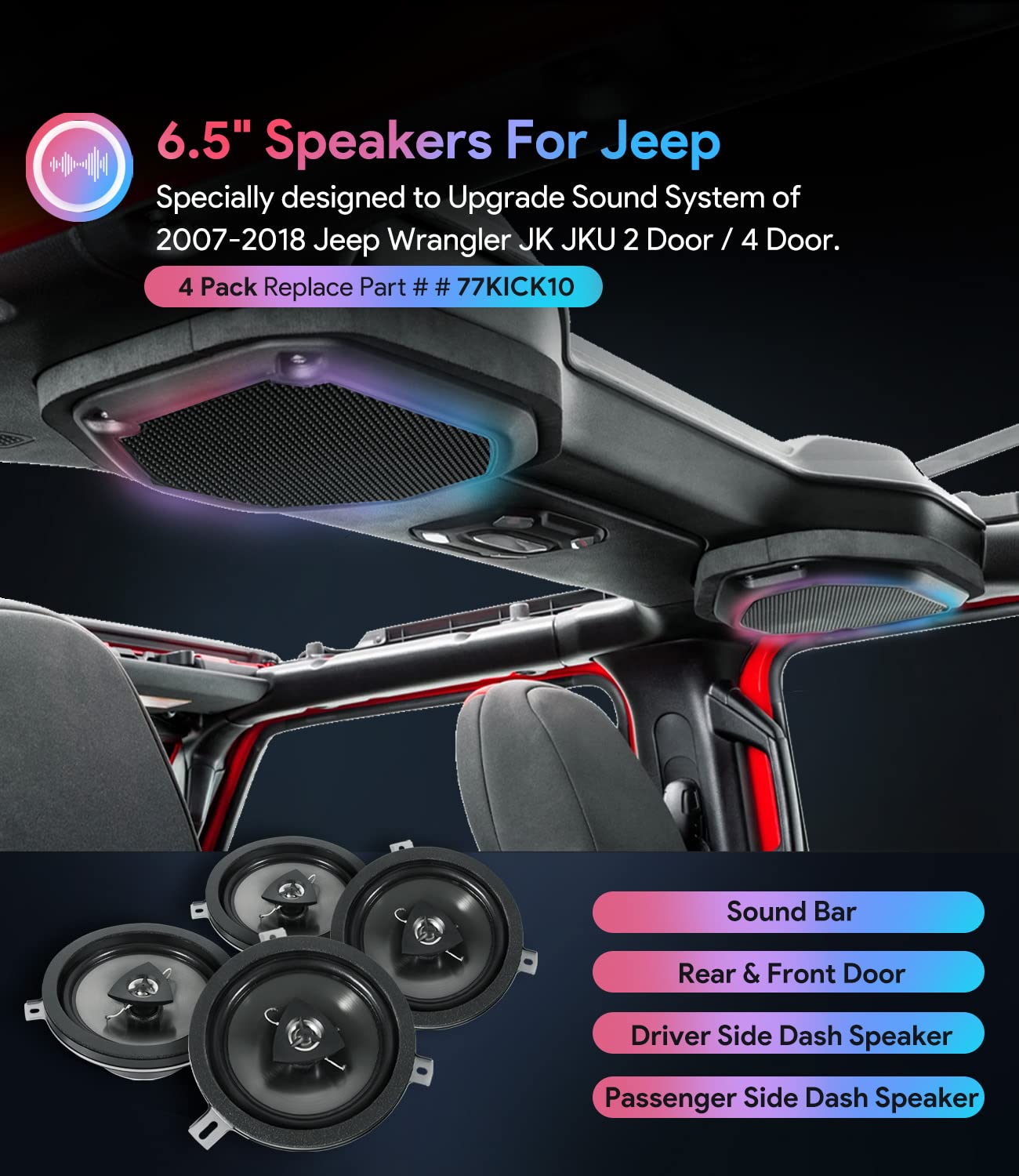 4 Pack Replace For Mopar Kicker Speaker Upgrade 2007 2018 Jeep Wrangler Jk Jku, 77Kick10