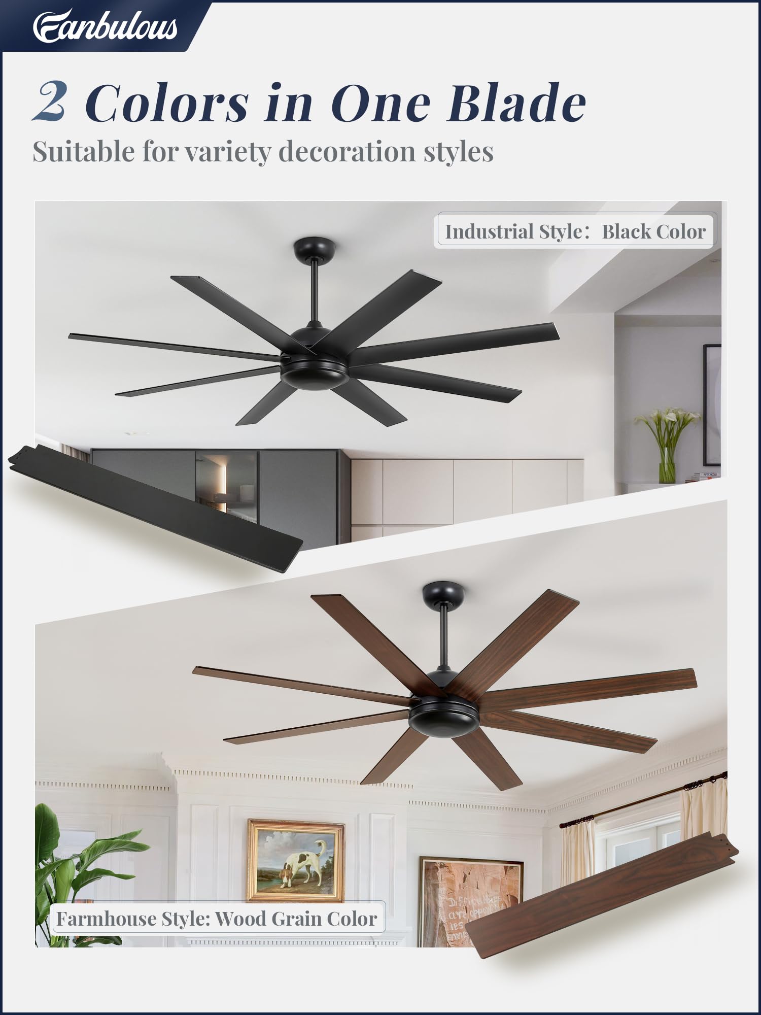 Fanbulous 65 Inch Ceiling Fans No Light With Remote, Black Indoor/Outdoor Ceiling Fan Without Light With Quiet Reversible Dc Mot