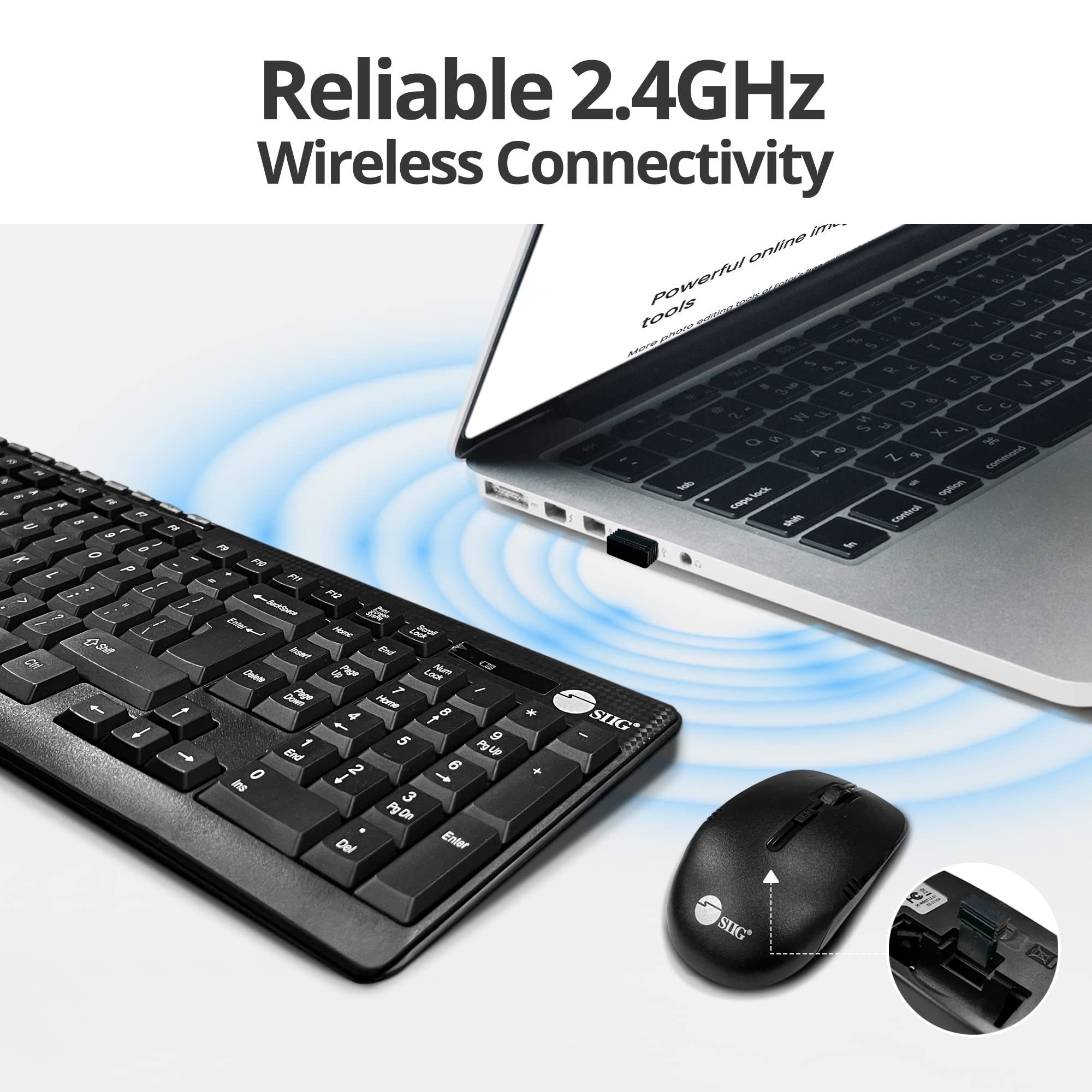 Siig Jk-Wr0T12-S1 Standard Size 102Key Wireless Keyboard With 3Button Wireless Optical Mouse, Black