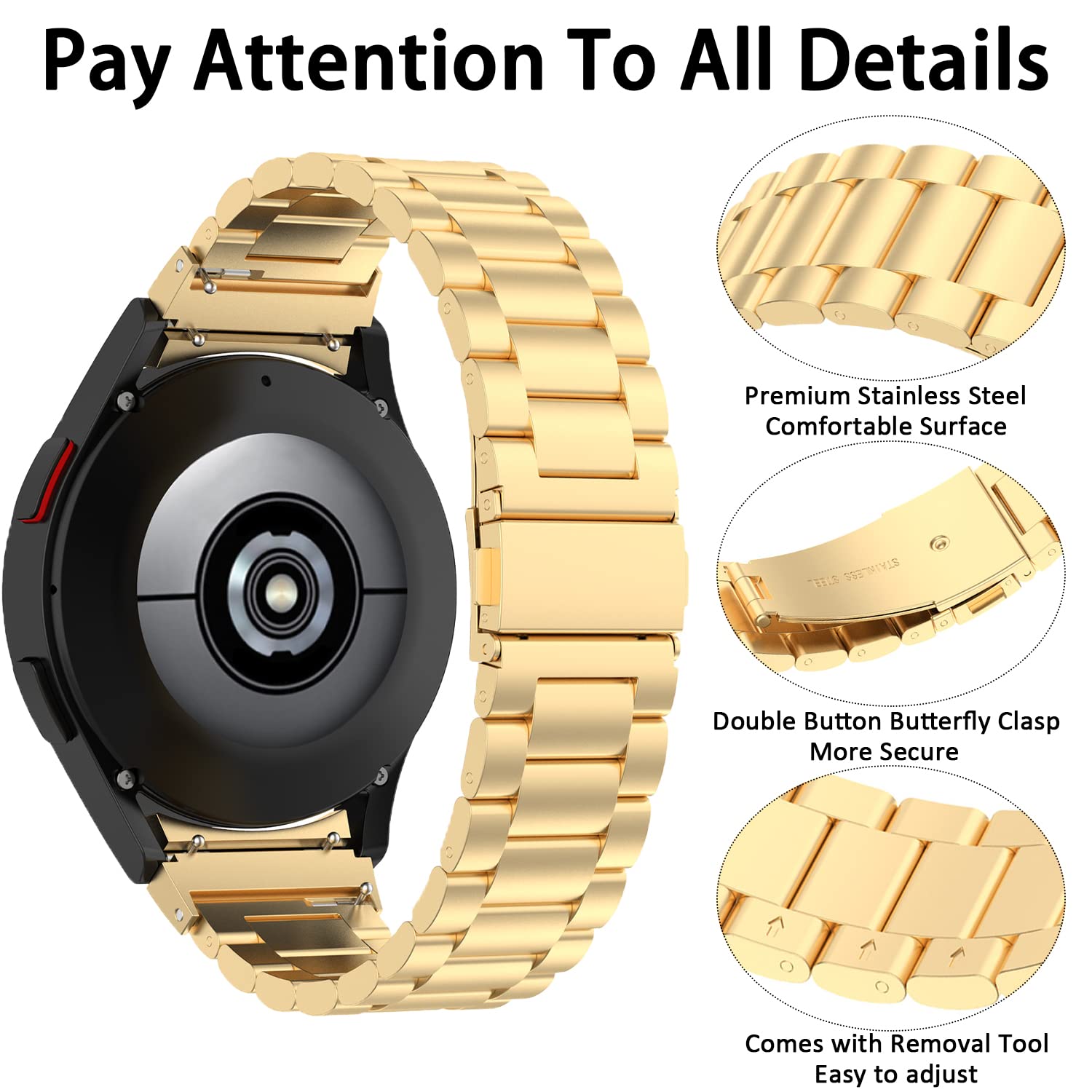 Miimall Compatible Samsung Galaxy Watch 5 Pro 45Mm/Watch 5 &4 44Mm 40Mm/Watch 4 Classic 46Mm 42Mm Bands Metal, No Gap Stainless