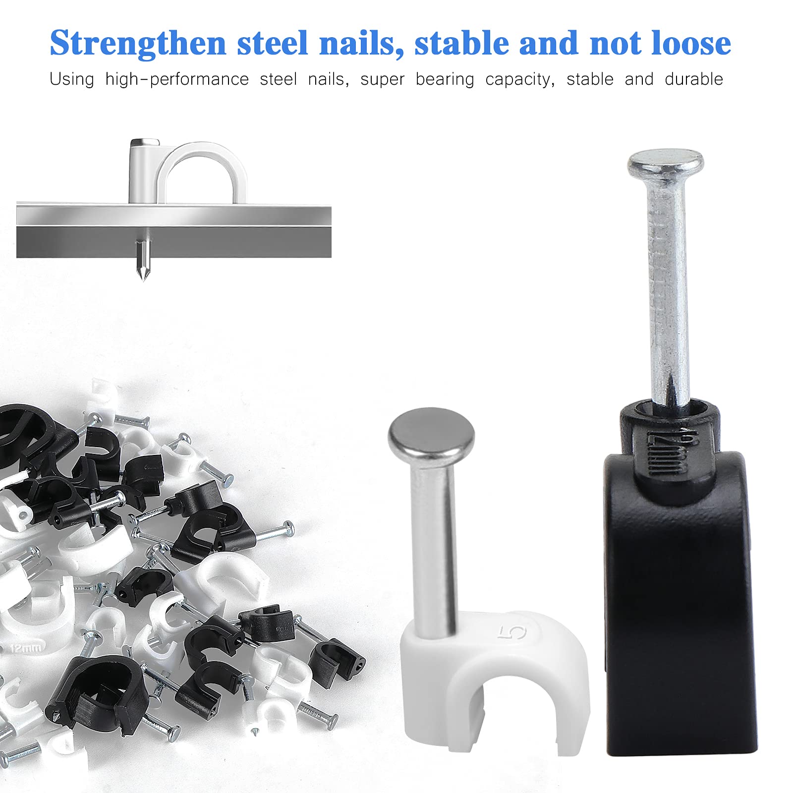 Ocr 600Pcs Cable Clips With Steel Nail, Round Wire Clips Black White Assortment 4Mm 5Mm 6Mm 7Mm 8Mm 10Mm 12Mm Cable Management R