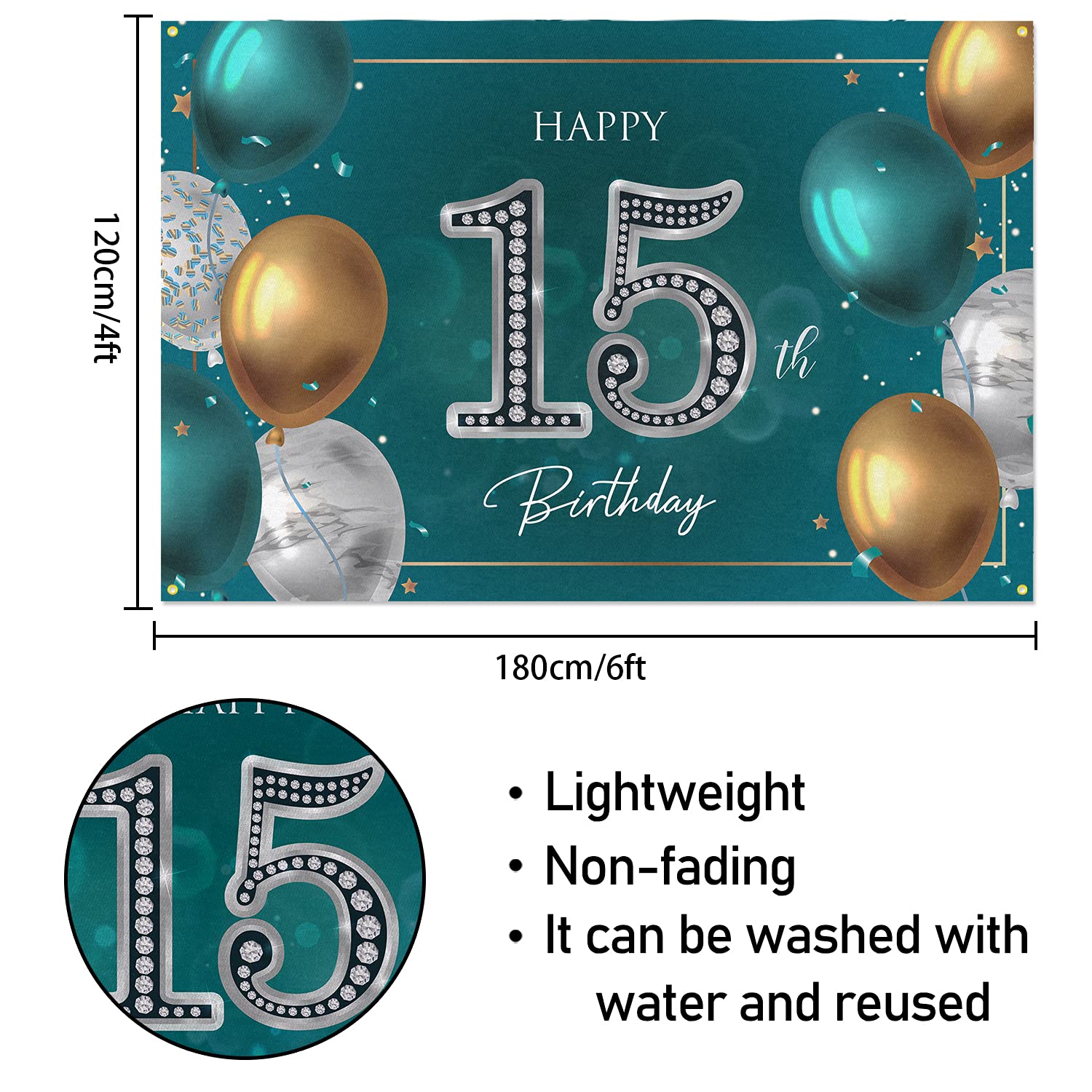 Hamigar 6X4Ft Happy 15Th Birthday Banner Backdrop   15 Years Old Birthday Decorations Party Supplies For Girls Boys   Green Silv