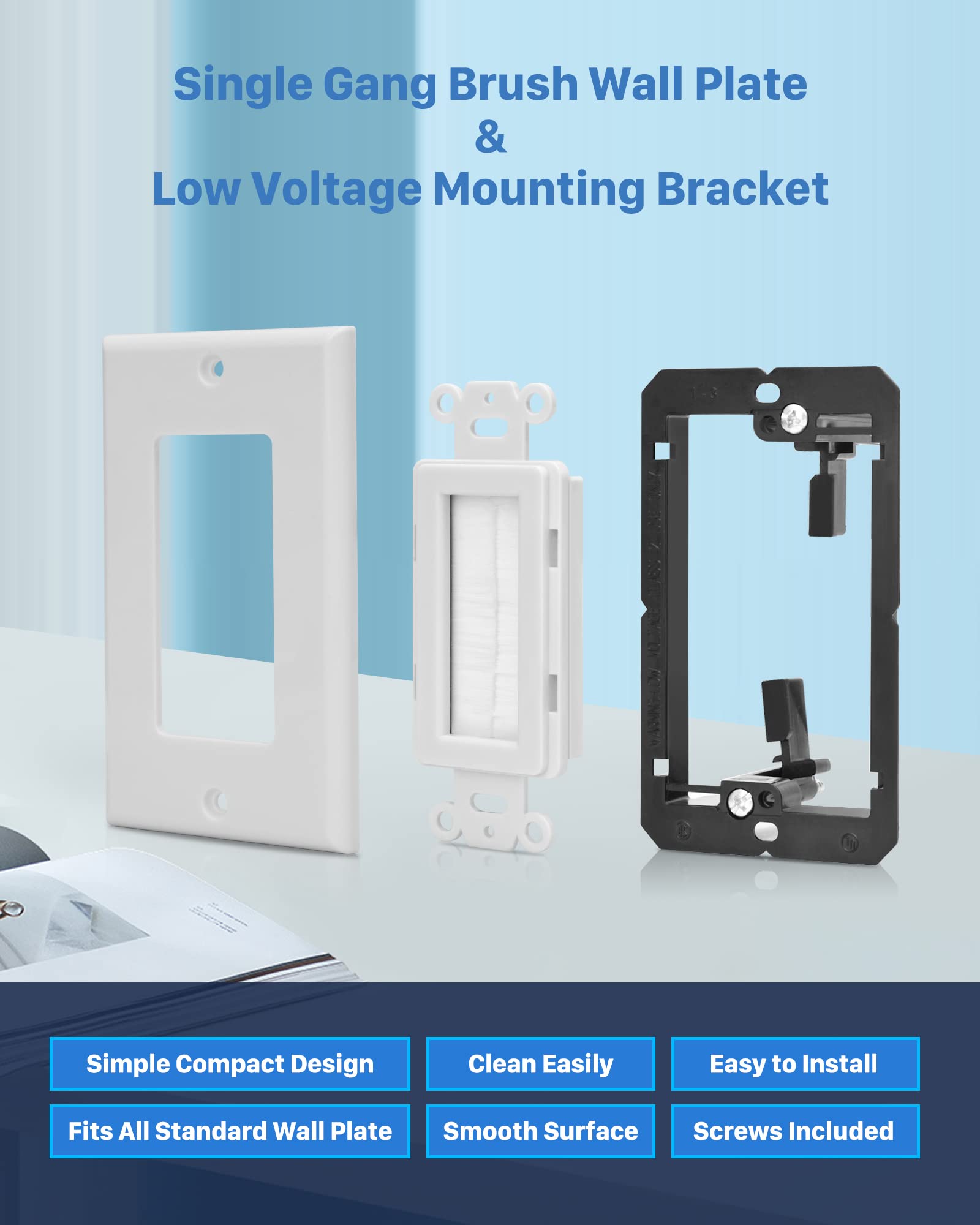 Anonion 10 Pack Single Brush Wall Plate With Low Voltage Mounting Bracket,Cable Pass Through Insert For Wires Wall Socket Hdtv S