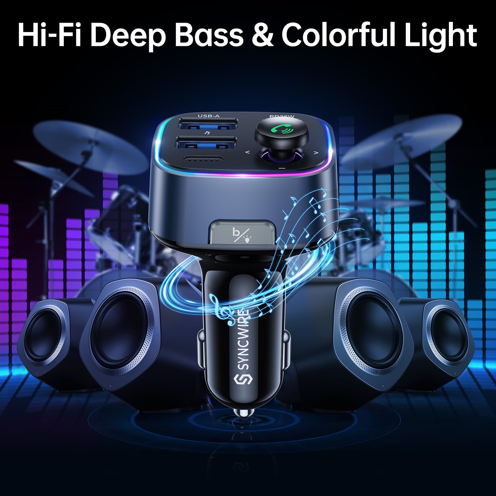 Syncwire Bluetooth 5.3 Fm Transmitter Car Adapter 48W(Pd 36W & 12W) [Light Switch] [Hi Fi Deep Bass] [Fast Charging] Wireless Ra