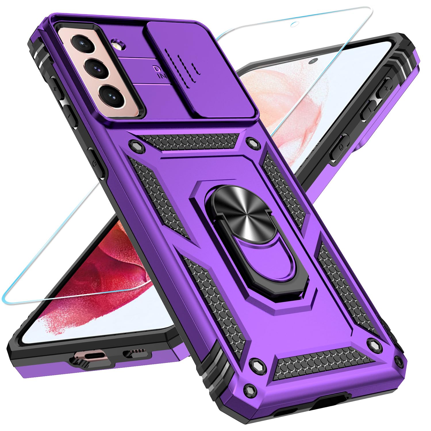 Sunstory For Samsung Galaxy S21 Plus 5G Case With Hd Screen Protector & Slide Camera Cover & Rotated Ring Kickstand, [Military G