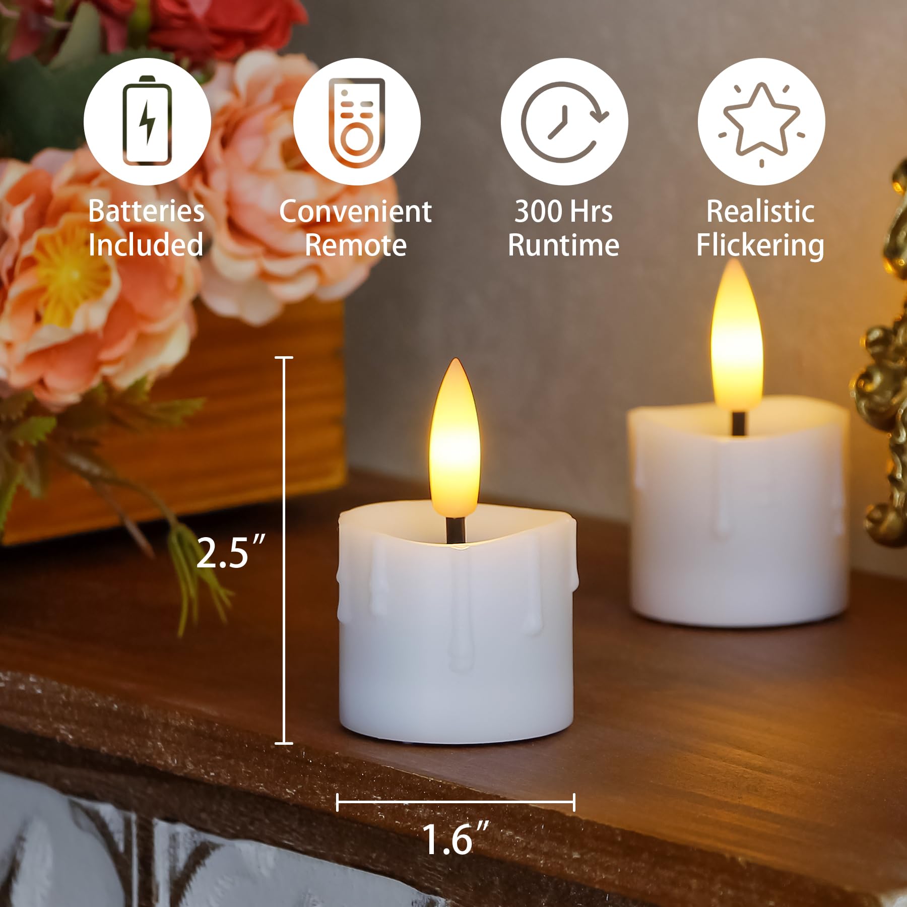Yeelida Flameless Led Remote & Timer 1.6'' X2.5'' Plastic Tea Light Candles With Batteries, 6Pcs Battery Operated Flickering Ele