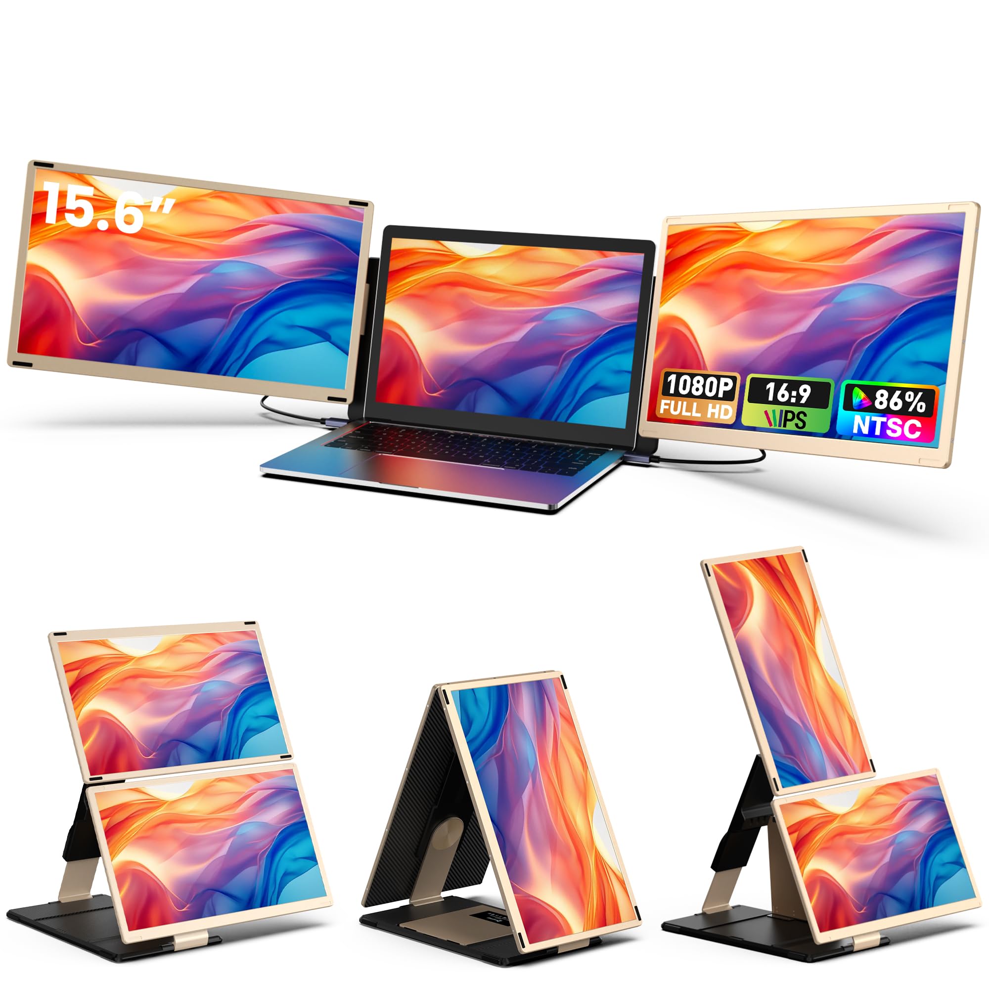 15.6 Laptop Screen Extender, Portable Triple Monitor For Laptop With 86% Ntsc Ips Fhd 1080P Display, Detachable Monitor Extender