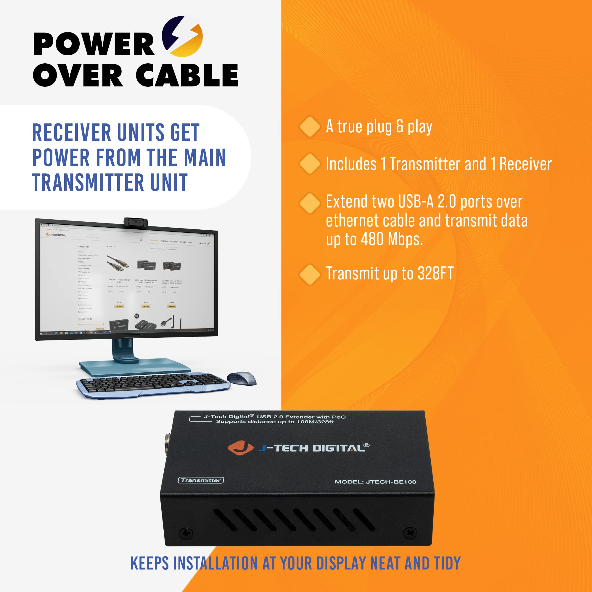 J Tech Digital Usb Over Ethernet Extender Usb Balun Over Cat5E Cat6 99M/328Ft Poc, Play And Plug, No Driver Needed, Usb2.0 For G