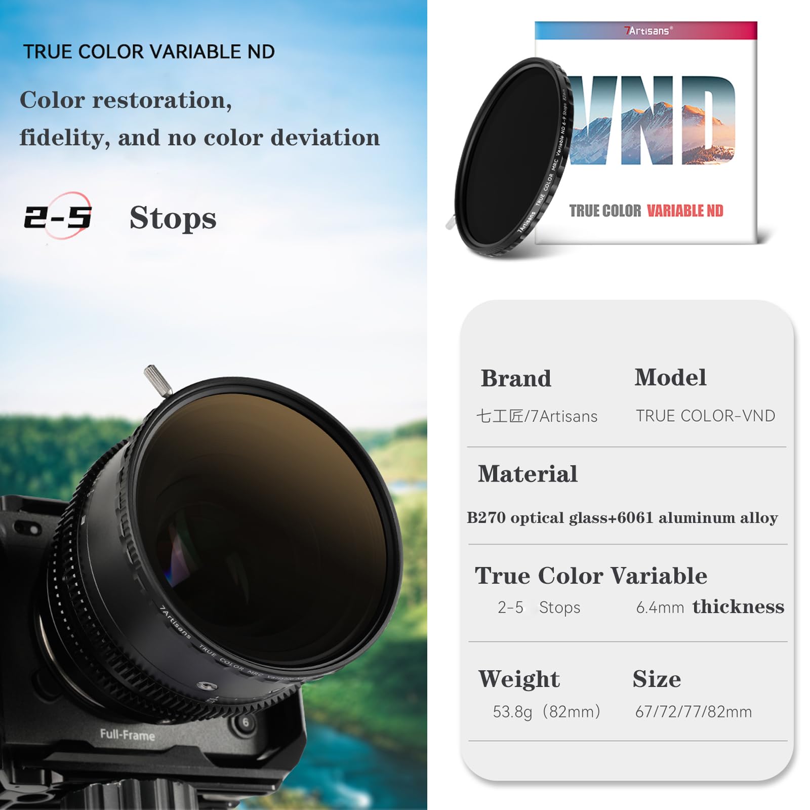 7Artisans 67/72/77/82Mm True Color Vnd (2-5 Stops) Variable Neutral Density Filter,Adjustable Nd Filter Water Repellent And Scra