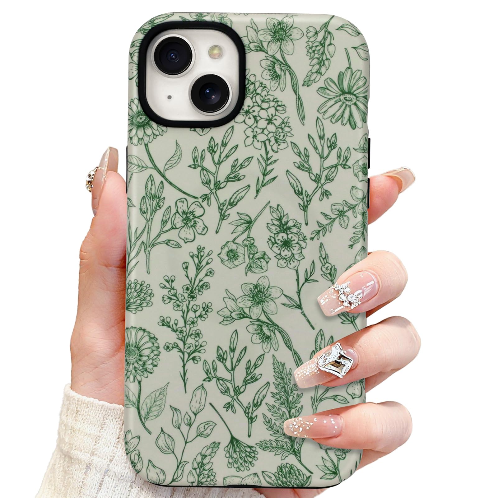 SOKAD Magnetic Sage Floral Phone Case for iPhone 14 Plus, Vintage Green Flower Pattern Compatible with Magsafe Matte Protective 