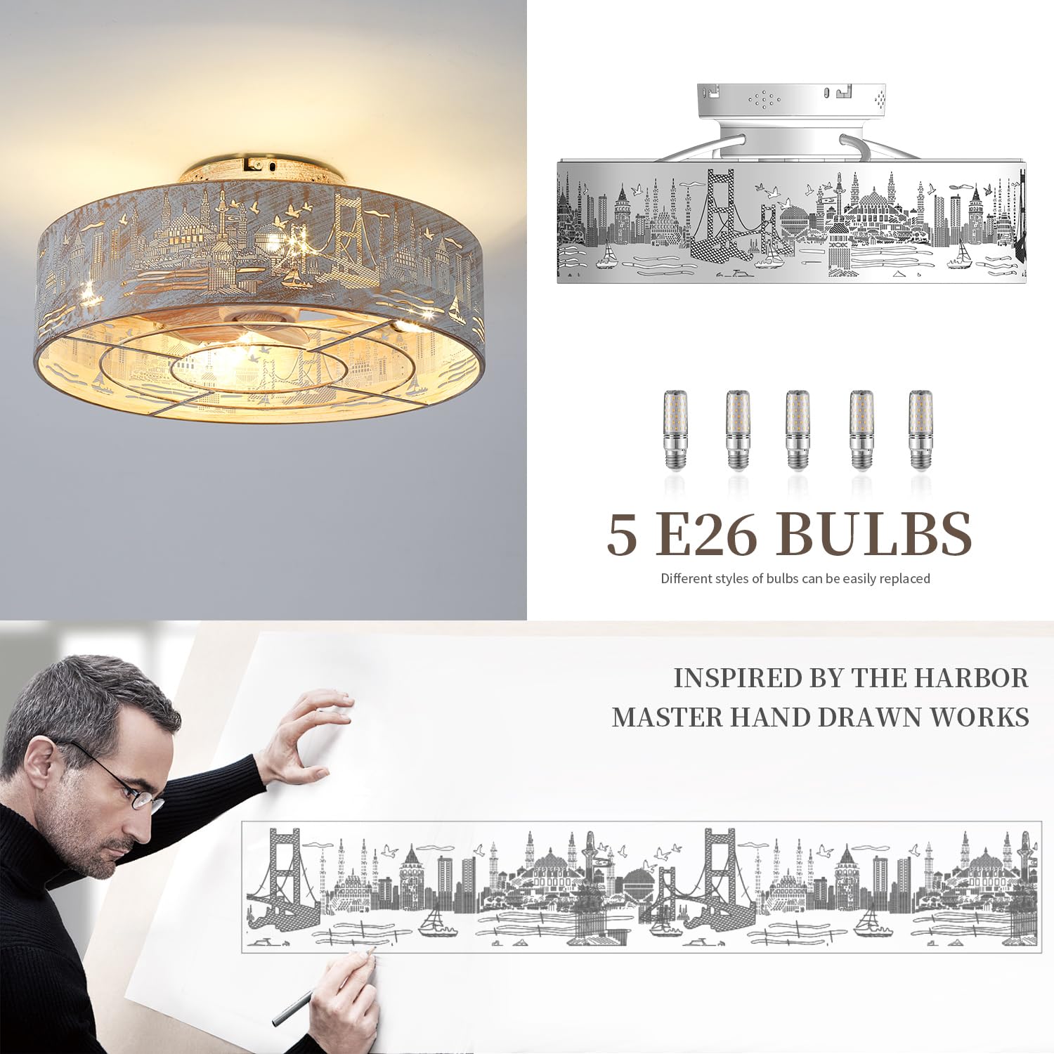 Alaruder Caged Ceiling Fans With Lights Flush Mount,Low Profile Ceiling Fan With Remote,20 Inch Caged White Fan For Bedroom,6 Sp