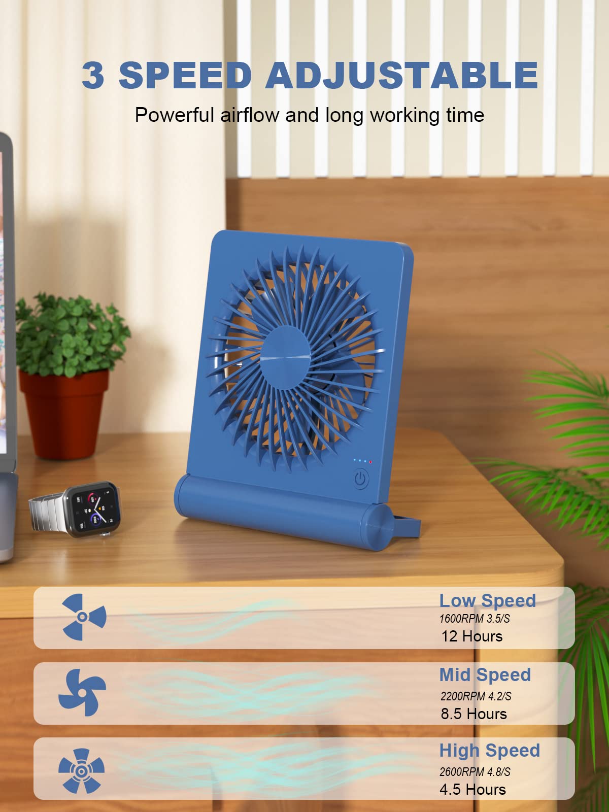 Tevelecin Small Desk Fan, 2000Mah Rechargeable Usb Fan Battery Operated,Ultra Quiet, Strong Wind, 3 Speeds Travel Fan