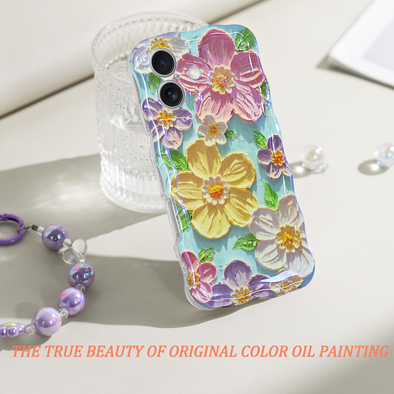 Sheheme For Iphone 16 Case [With 9H Screen Protectors] Wave Bumper Colorful Oil Painting Flowers Print Blue Glossy Soft Tpu Phon