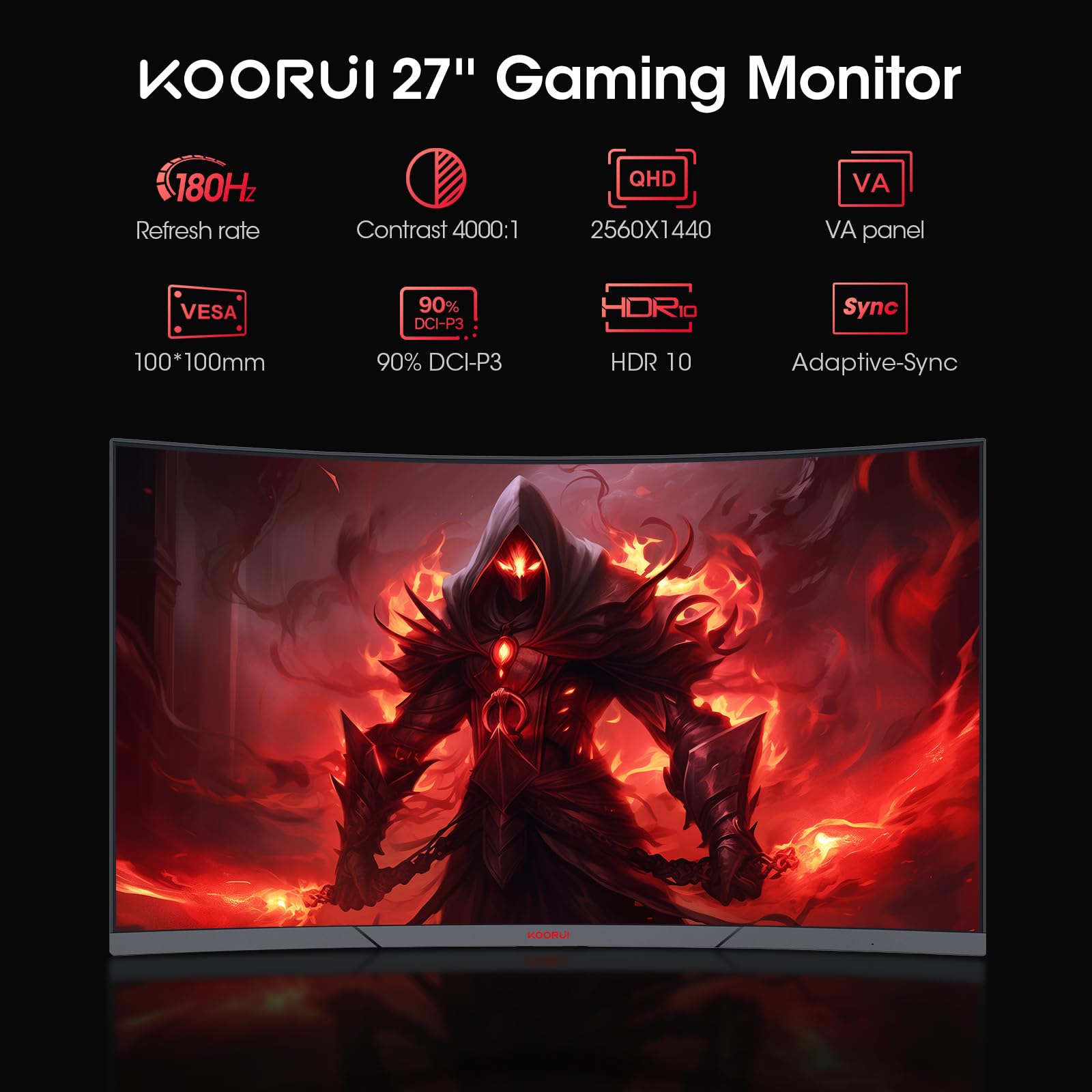 Koorui 27 Inch Gaming Monitor, Qhd (2560 X 1440) R1500 180Hz Curved Monitor, Adaptivesync With 1Ms Computer Monitor, Vesa Compat