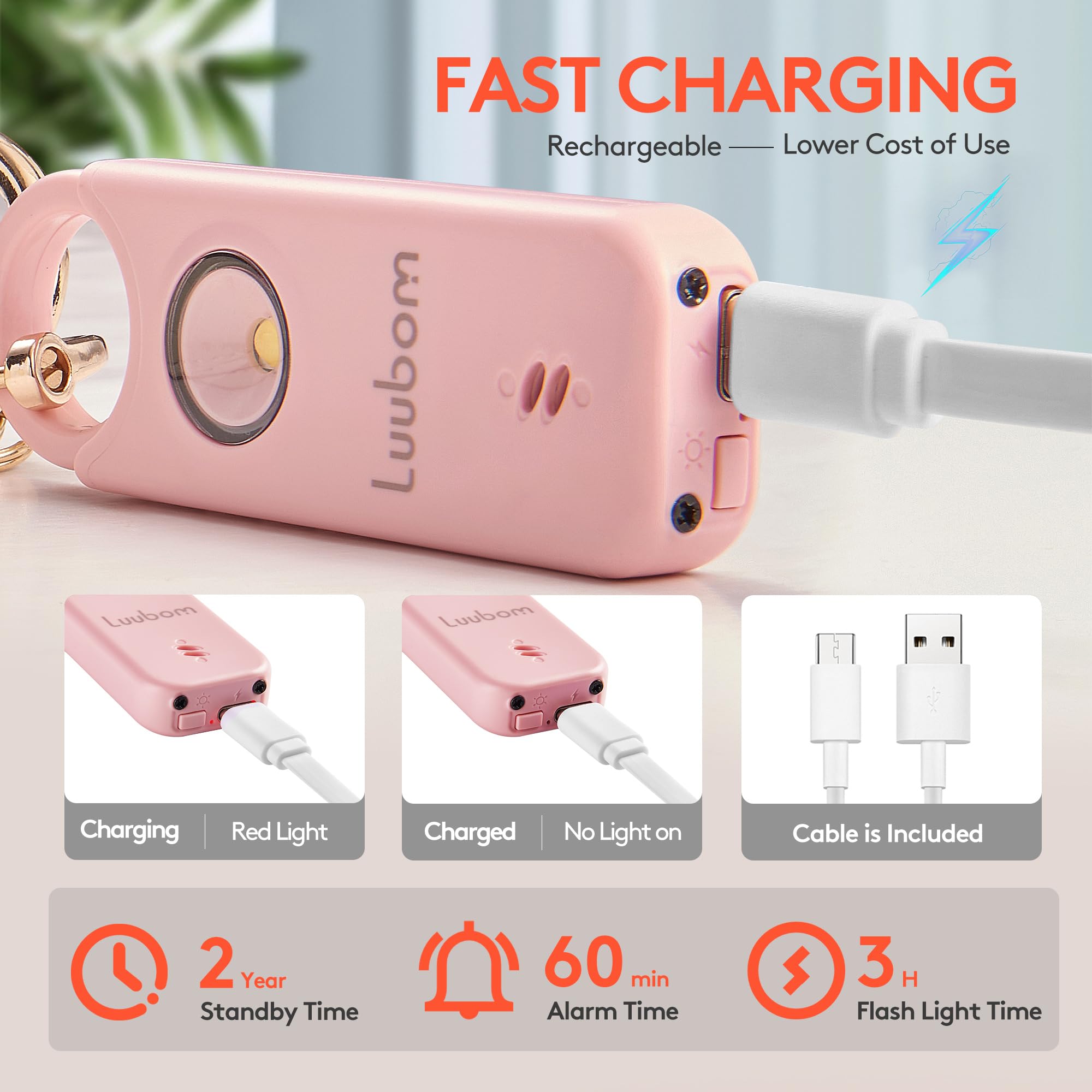 Luubom Personal Safety Alarm Rechargeable, 135 Db Loud Siren With Led Strobe Light And Key Chain In Pop Colors For Women Kids El