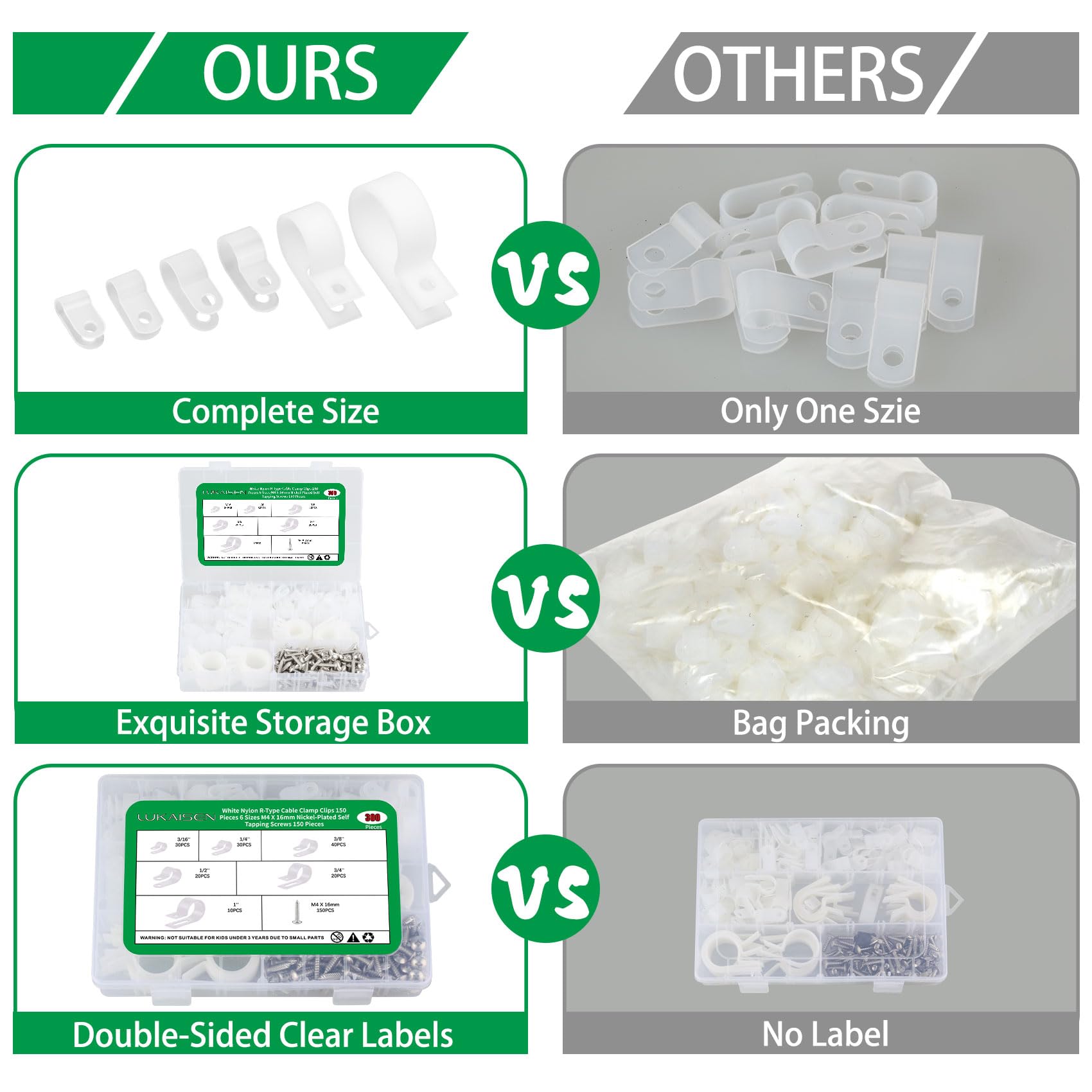 Cable Clips For Cable Management Cord Organizer, 300Pcs White Nylon Plastic R Type Cable Clamps 3/16'' 1/4'' 3/8'' 1/2'' 3/4'' 1