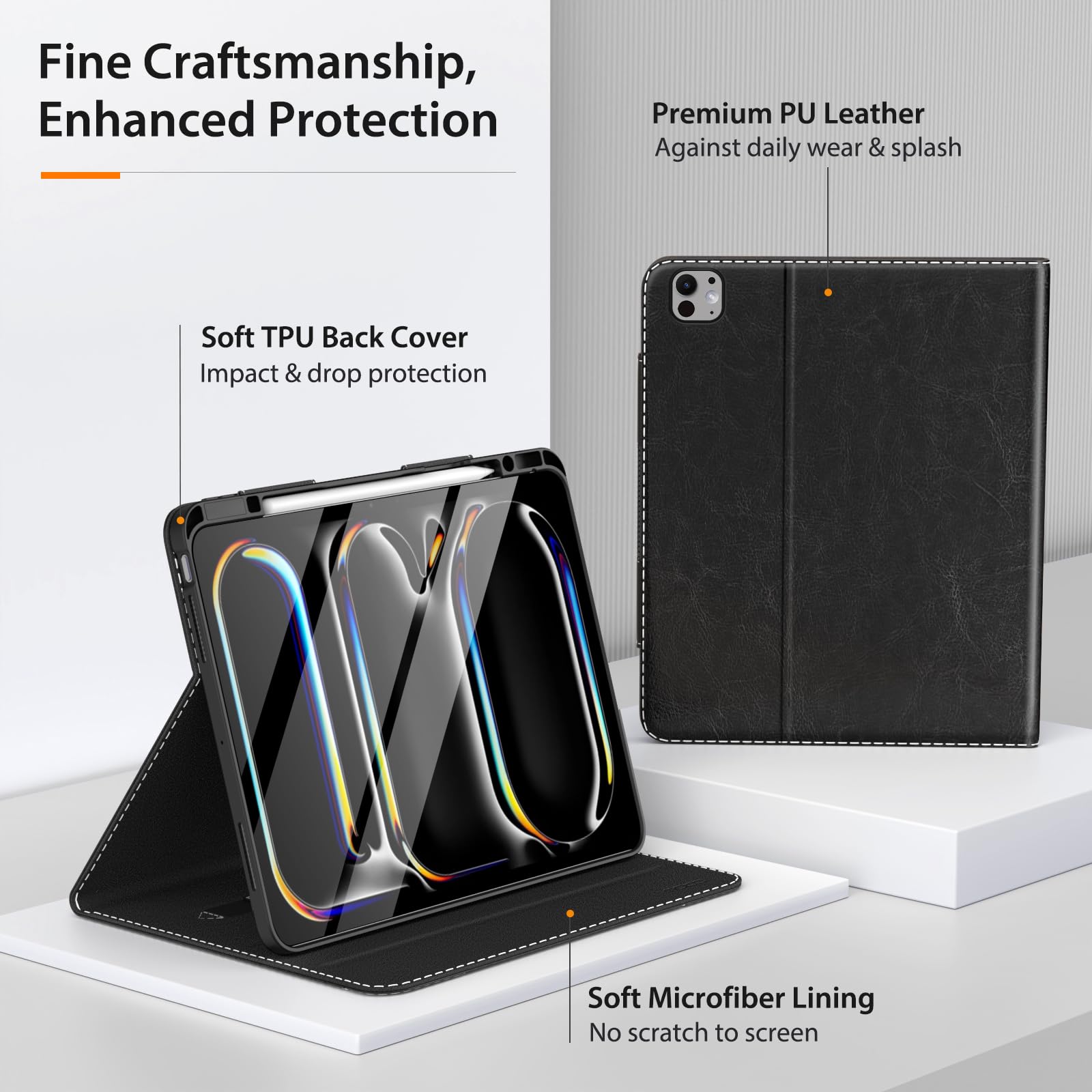 MoKo for iPad Pro 13 Inch Case 2024 (M4) with Pencil Holder & Pocket, Built in Hand Strap, Multi Angle Viewing, Premium PU Leather Folio Cover for iPad Pro 13 2024, Black