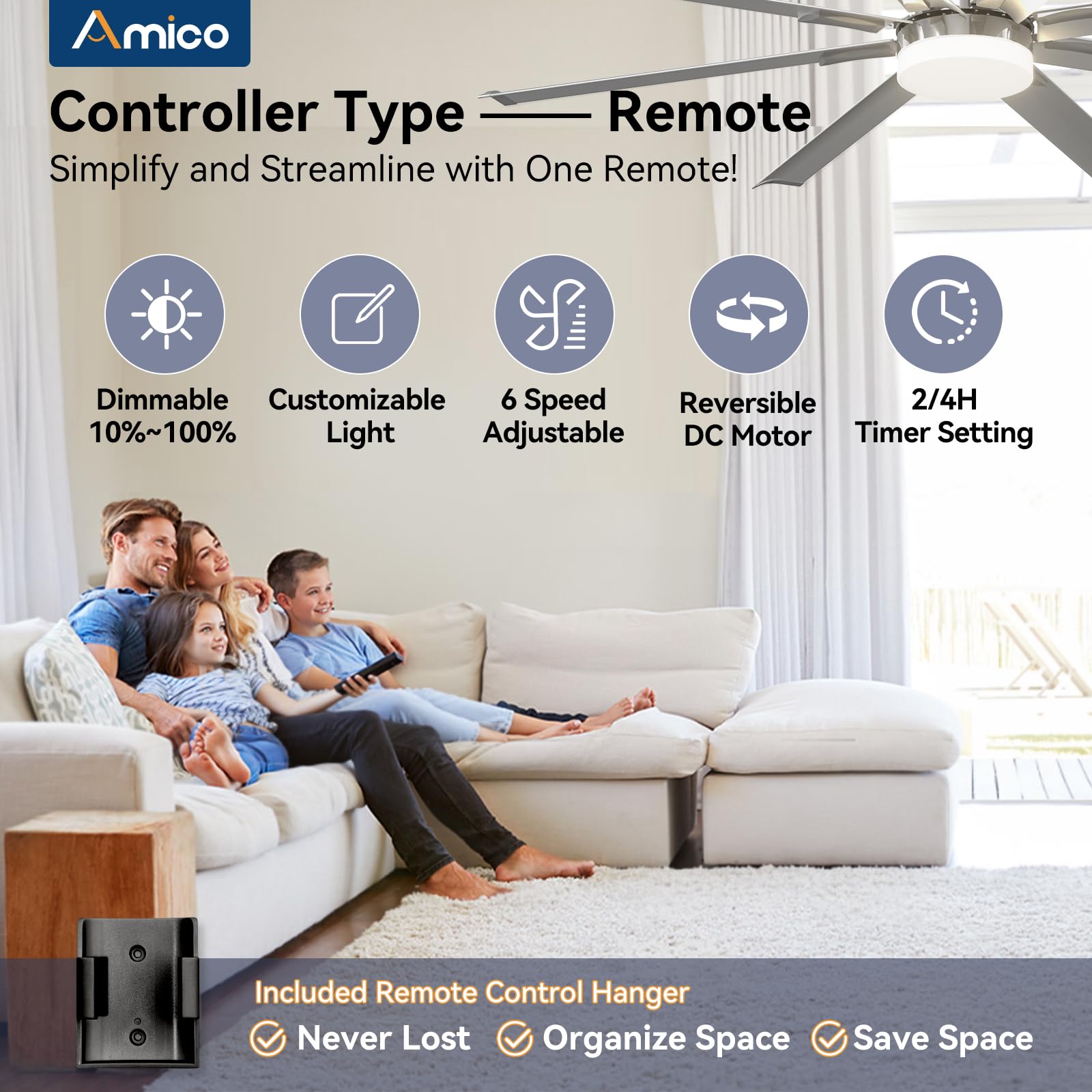 Amico Ceiling Fan With Light, Industrial Large Ceiling Fan With Quiet Dc Motor, 8 Aluminum Reversible Blades, 6 Speed Remote Con