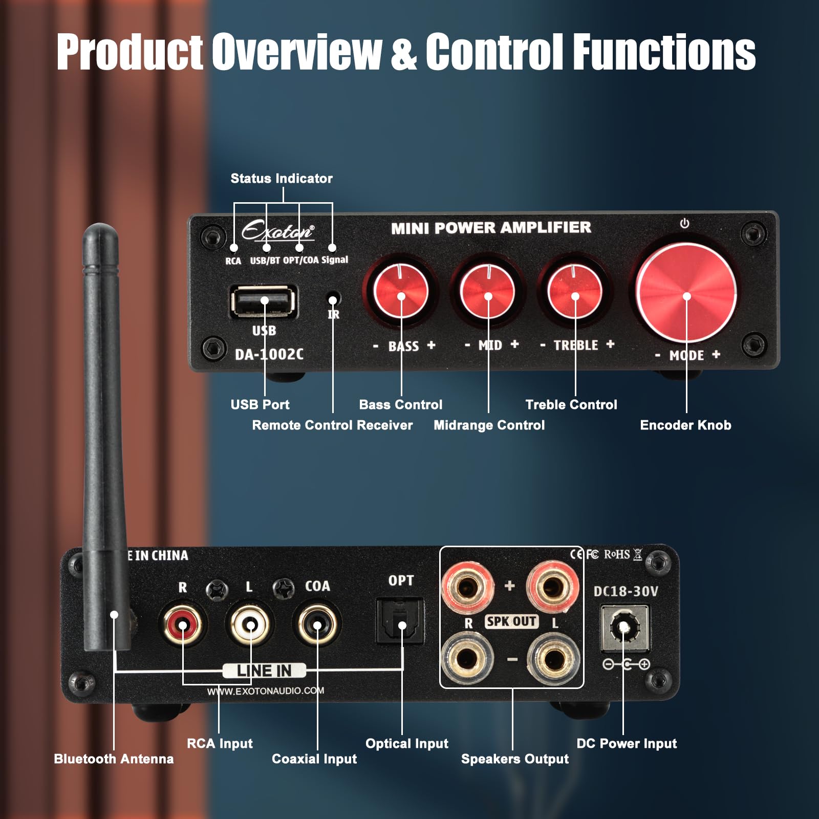 Exoton Bluetooth 5.0 Stereo Audio 2 Channel Power Amplifier Receiver, Mini Hi Fi Class D Integrated Amp 2.0 Ch For Passive Speak