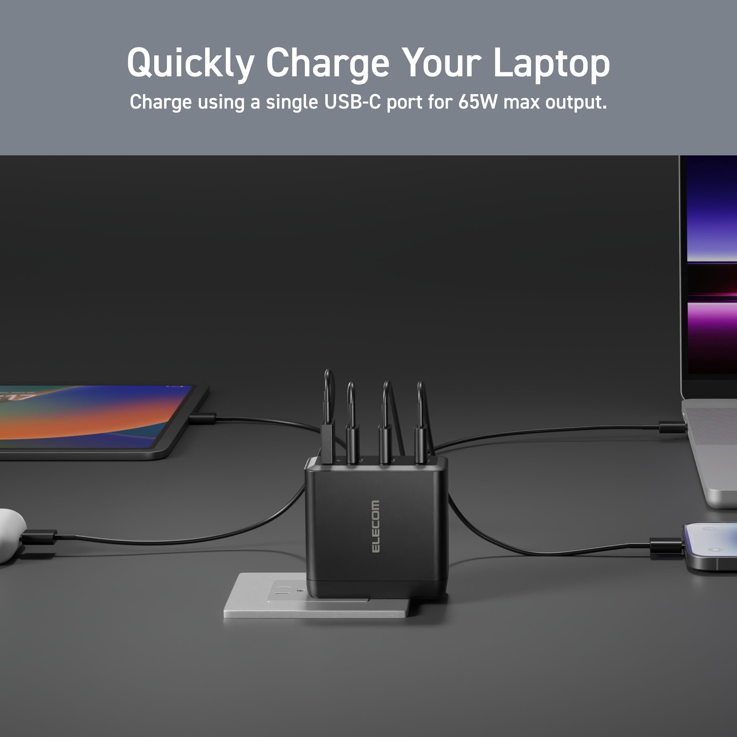 Elecom 150W Usb C Wall Charger Block, 4 Multi Port Gan Ii Smart Pd, Ultra-Fast Charging, Compact Power Adapter For Multiple Devi
