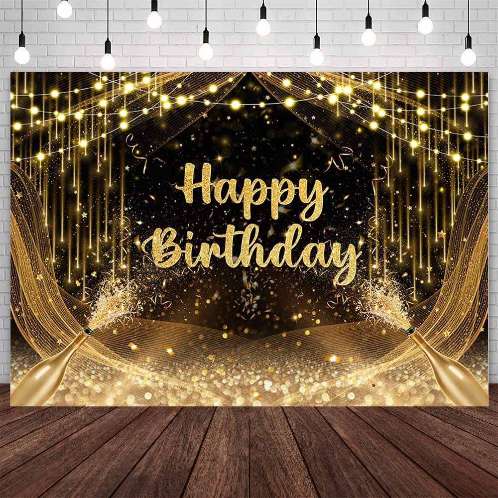 Aibiin 7X5Ft Black And Gold Birthday Backdrop Happy Birthday Photography Background Gold Glitter Birthday Prom Party Decorations