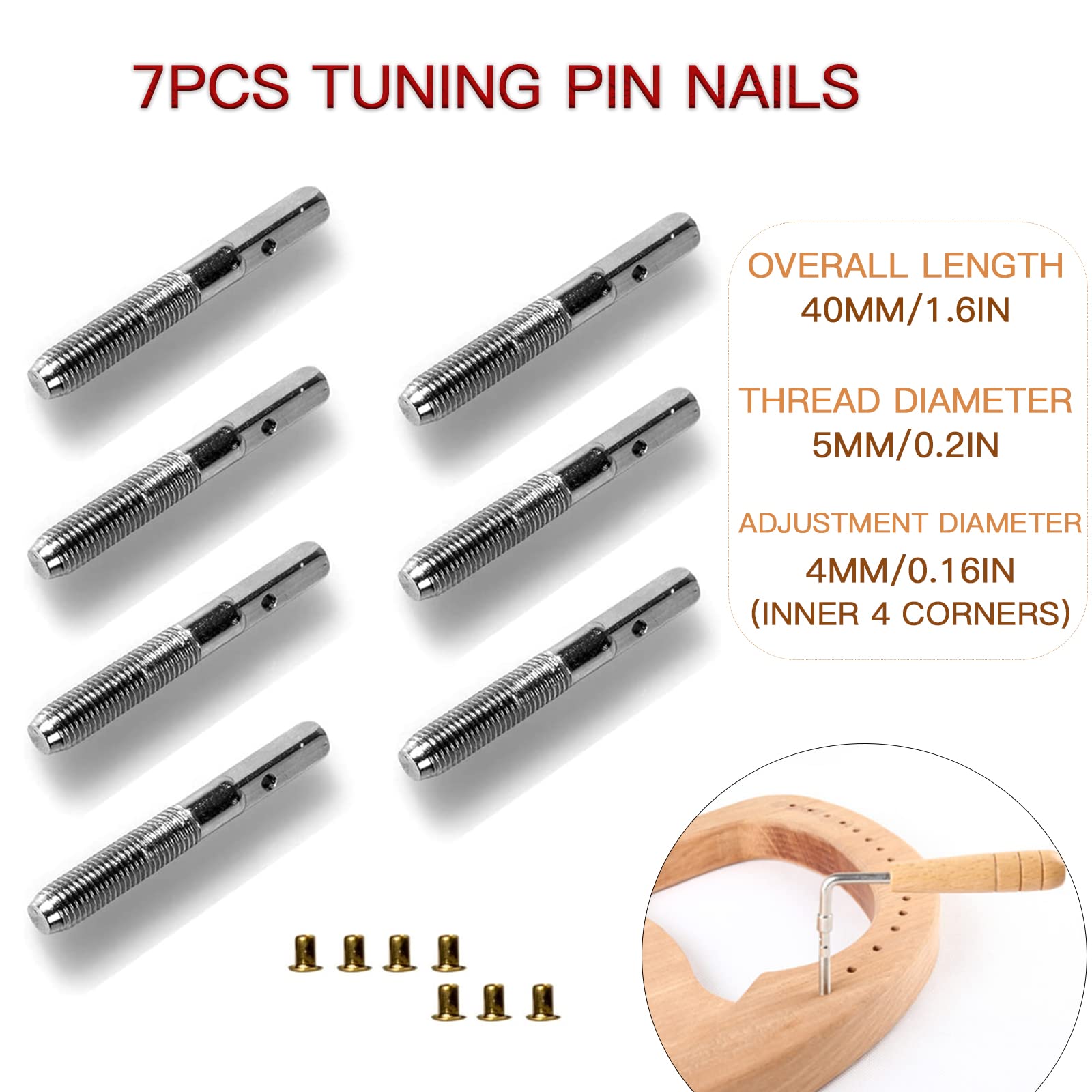 Cheerock 7Pcs Tuning Pin Nails For Lyre Harp Strings And Other Small Harp Musical Stringed Instrument With L Shape Tuning Wrench