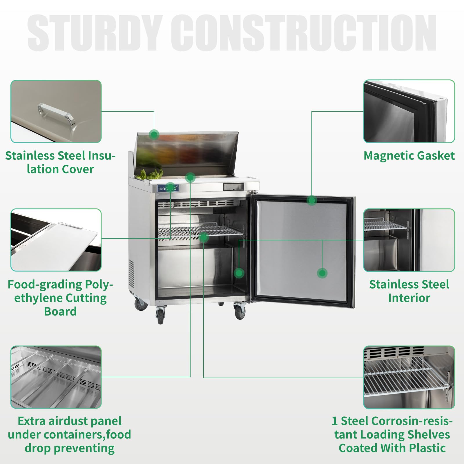 Icecasa 27'' W Commercial Refrigerator Sandwich&Salad Prep Table Single Door Stainless Steel Counter Fan Cooling Refrigerator Wi