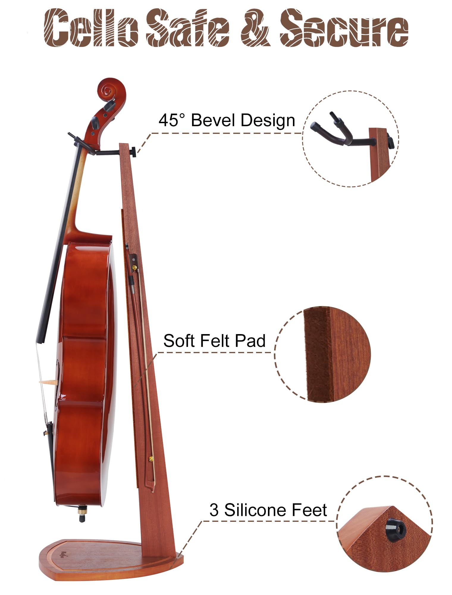 Musbeat Cello Stand With Bow Holder, Handcrafted Mahogany Wood Floor Stand For 4/4 Full-Size And 1/2, 1/4, 3/4, 1/8, 7/8 Cello H