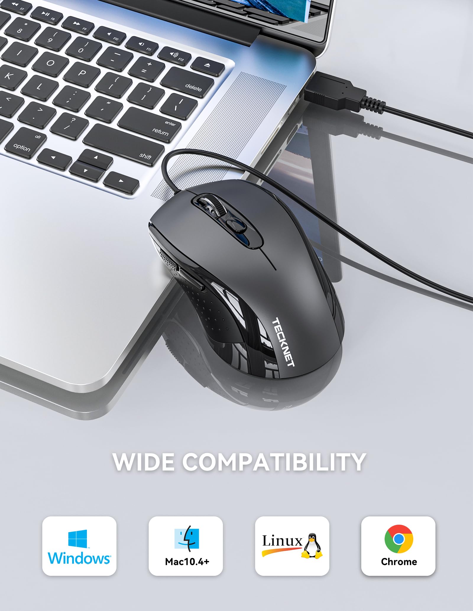 Tecknet Wired Mouse, Usb Mouse For Laptop With 6 Button, 3600Dpi Optical Pc Wired Mouse, Home And Office 5Ft Usb A Corded Comfortable Mouse, Plug & Play, No Battery Required Grey