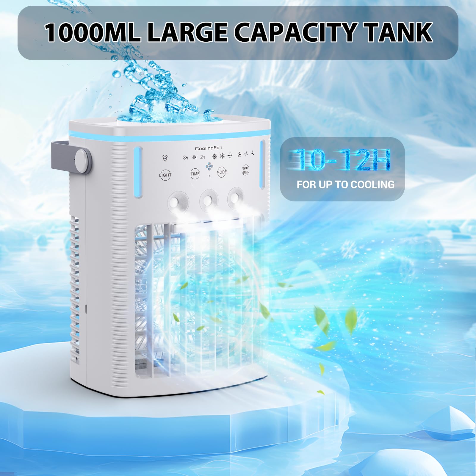 Angfa Portable Air Conditioners,Evaporative Air Cooler With 1000Ml Water Tank,3 Spray Ports,3 Speeds & 3 Mist Level,7 Color Nigh
