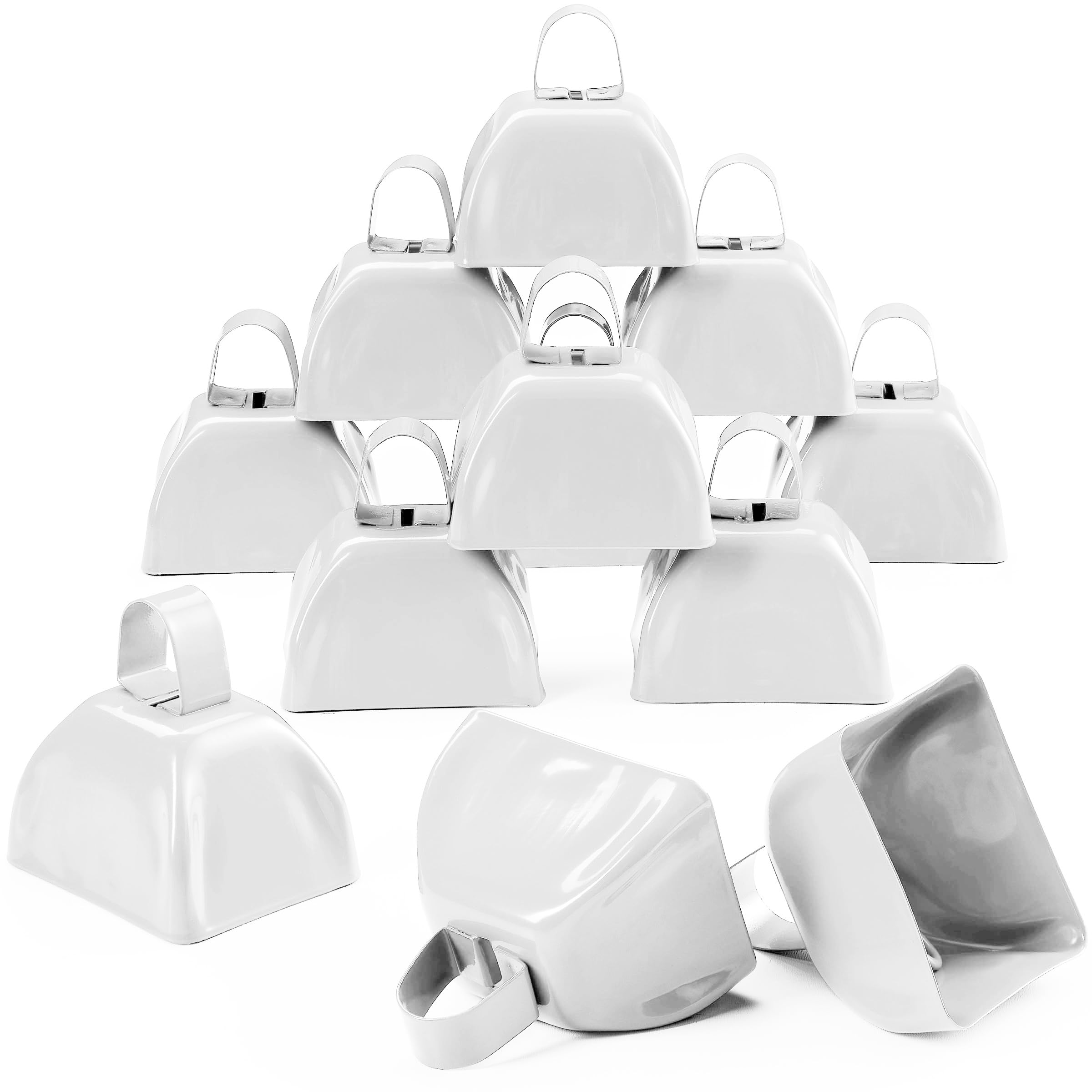Metal Cowbells   White 3 Inch Cow Bells Noise Makers, Loud Call Bell With Handles For Sporting Events, Cheering, Team Spirit, No