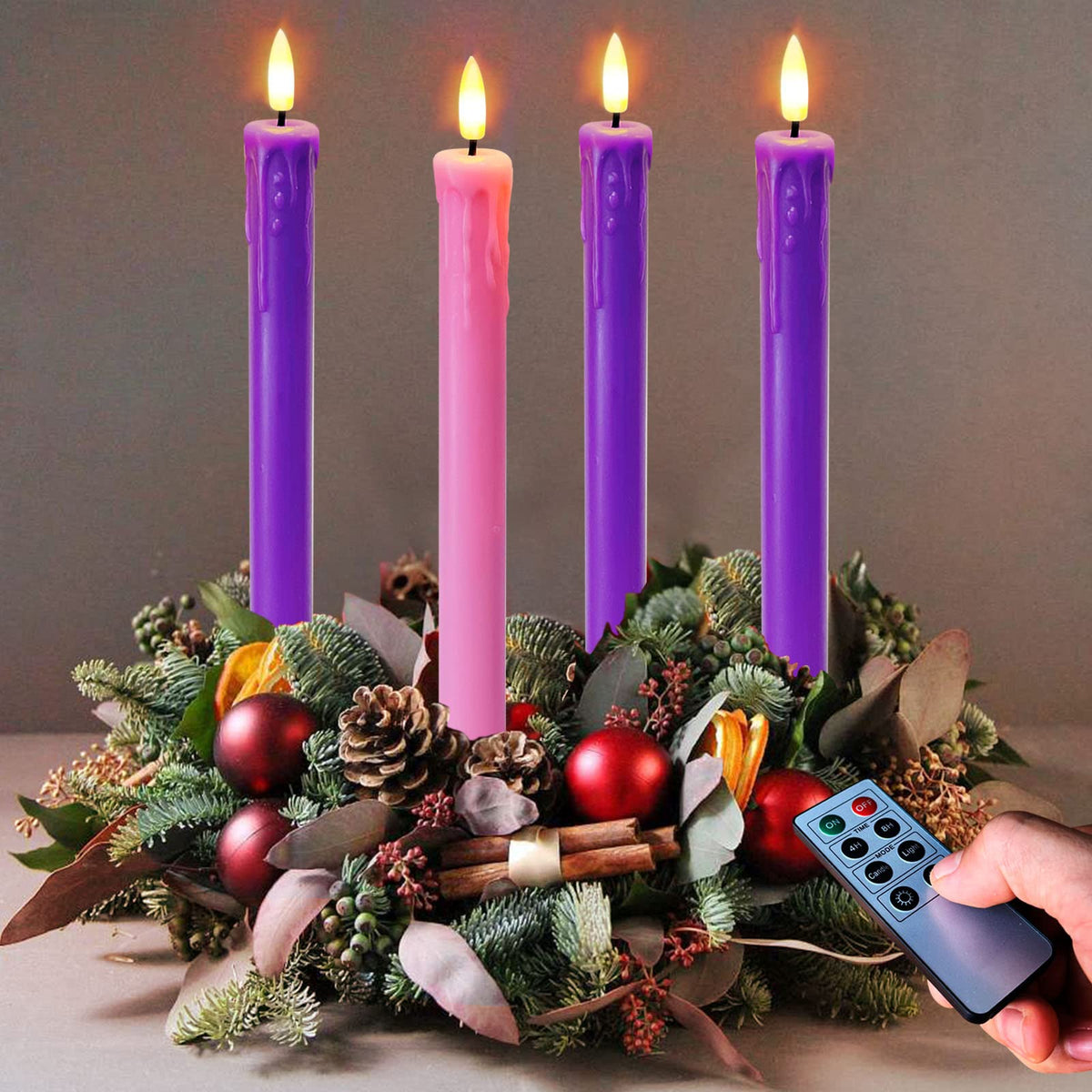 Abkshine Set Of 4 Led Christmas Candle Lights, Battery Operated Taper Candles For Advent Wreath, 3 Purple 1 Rose Flickering Wax