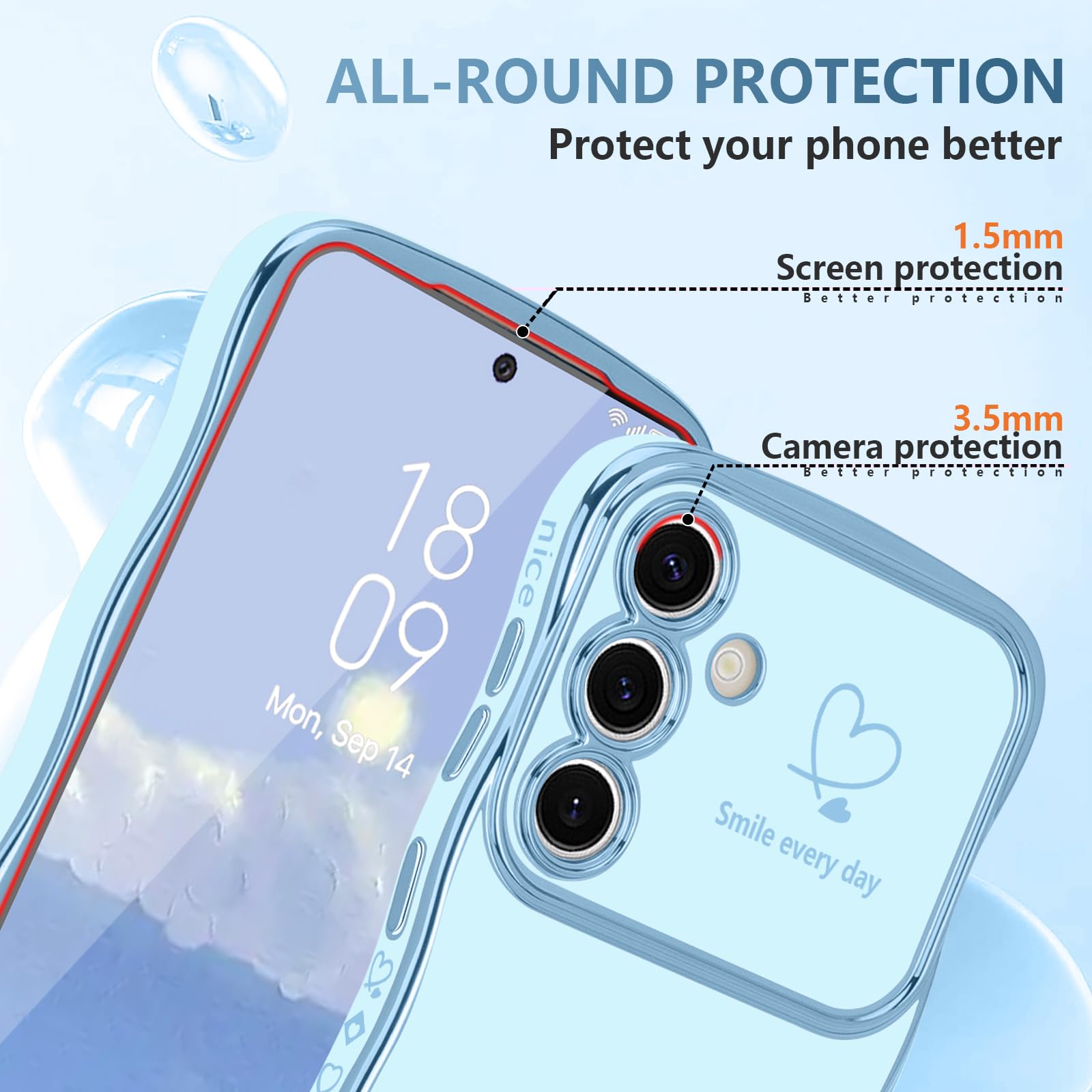 Lchulle For Samsung Galaxy S23 Fe Case For Women Girls, Cute Wave Frame Curly Shape With Love Heart Raised Camera Protection Cov