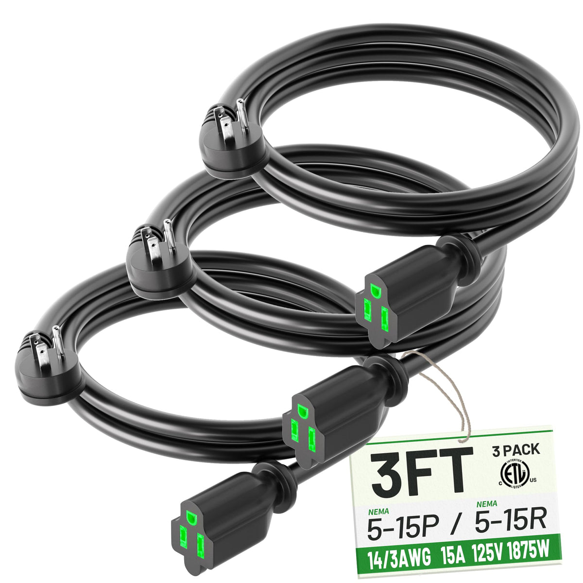Powgrn 3 Pack 3 Foot Flat Plug Extension Cord Black, 14/3 Gauge Indoor Short Extension Cable, 15A 1875W 125V 14Awg, 3 Prong Low