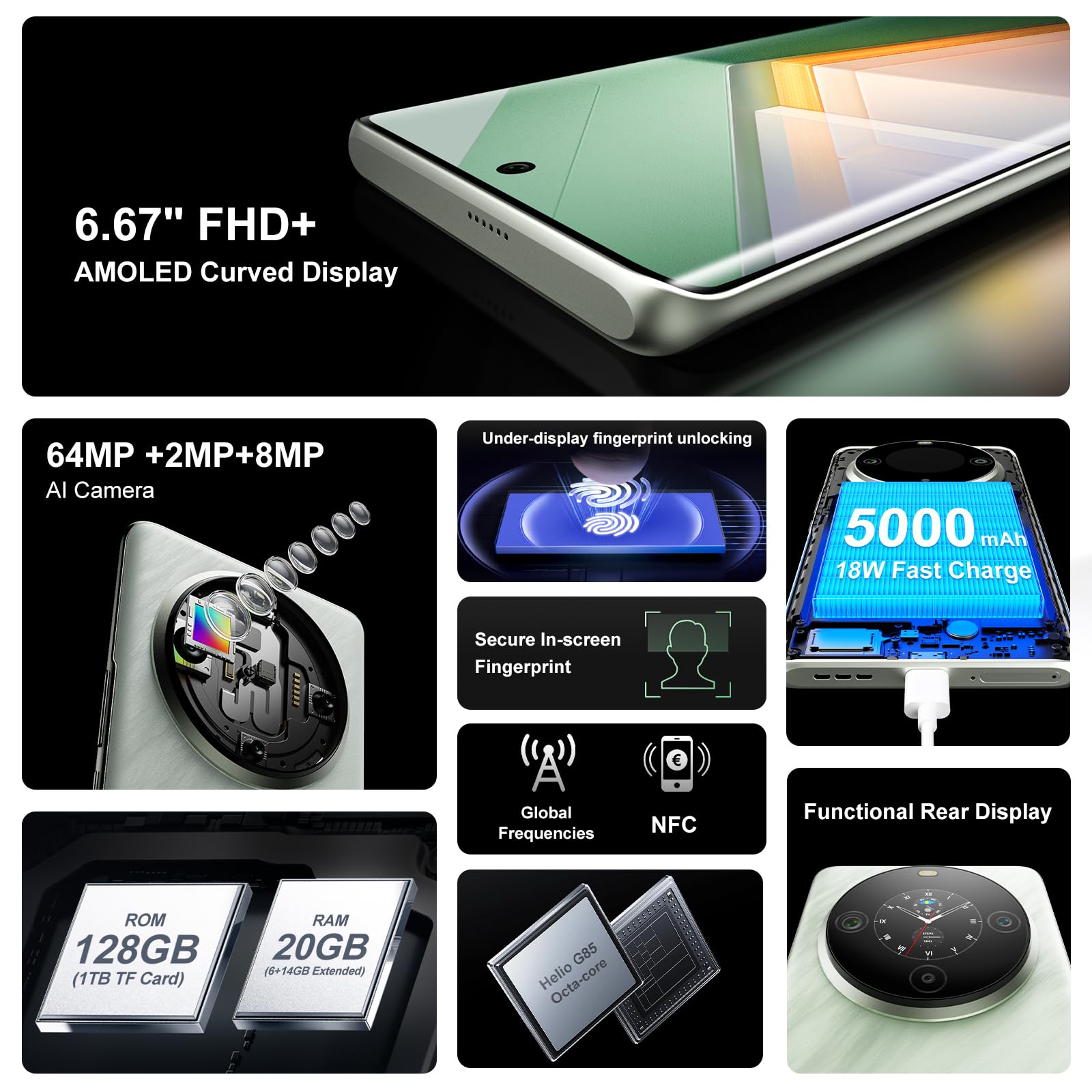 Fossibot S3 Pro Unlocked Smartphone 6.67 Fhd+ Amoled Curved Display 1.09 Functional Rear Display Mtk Helio G85 Chips 20Gb+128Gb