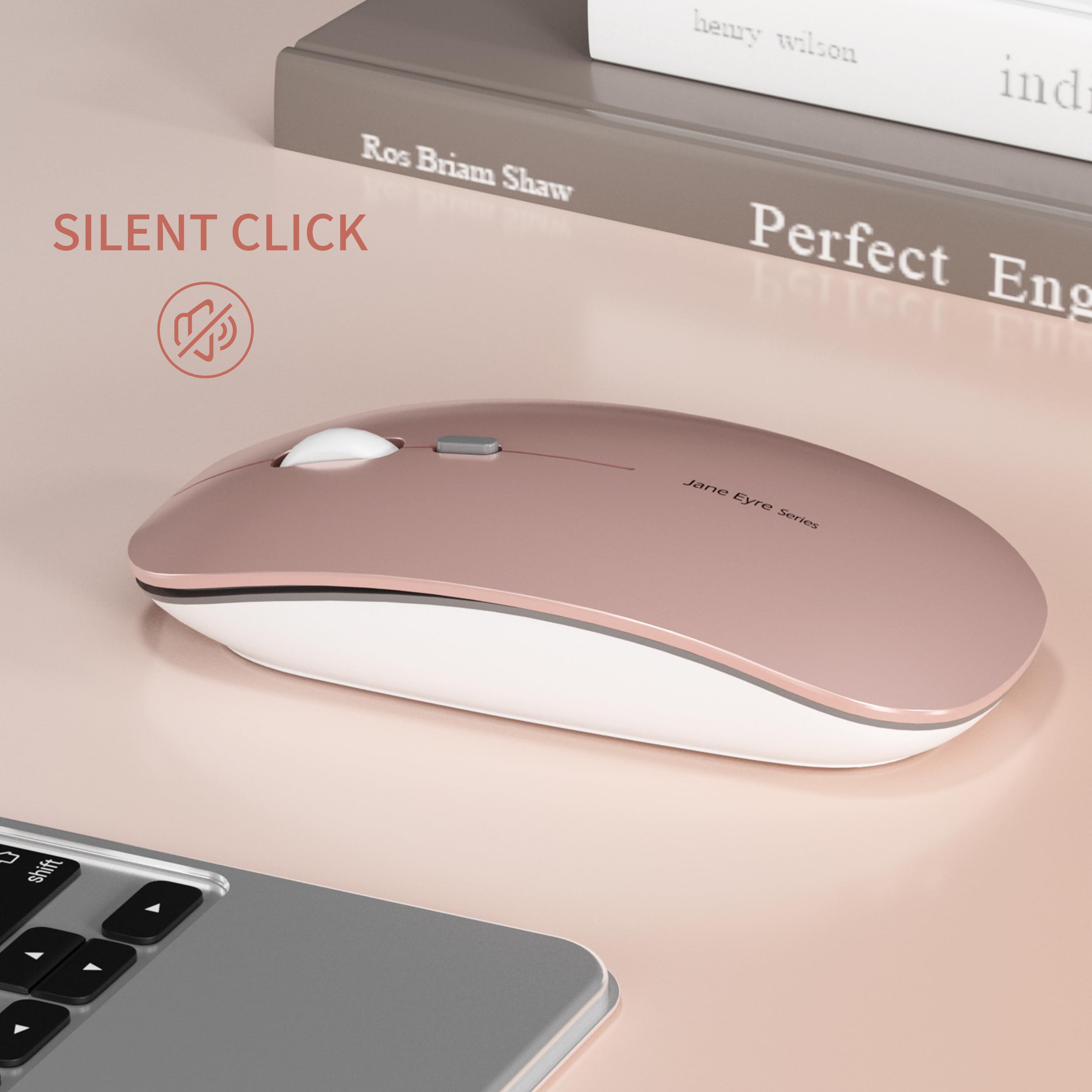 Uciefy Q5 Slim Wireless Mouse - Rechargeable, Silent, Portable, USB & Type C Adapter, Rose Gold