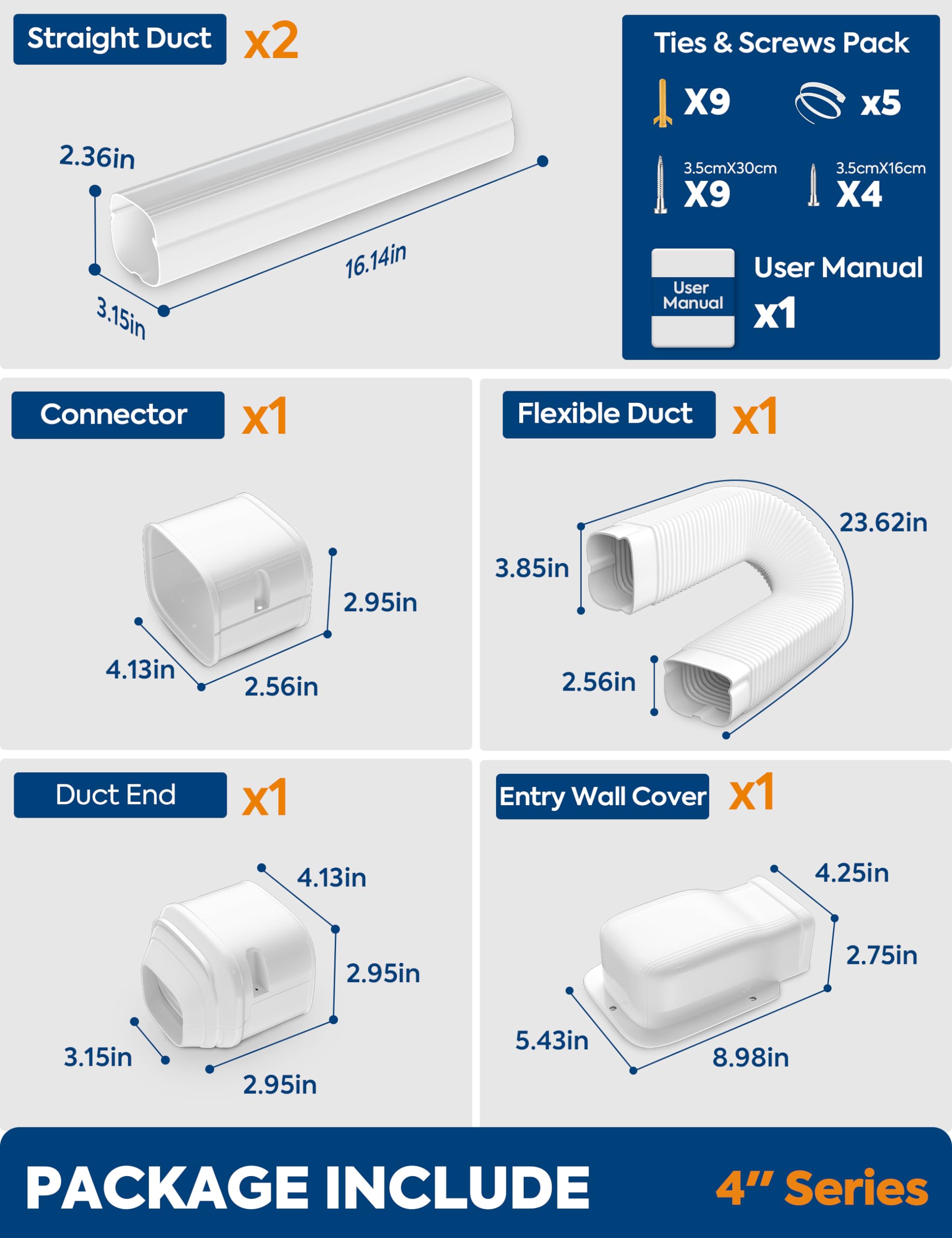 Nouscan 4'' 9.5Ft Mini Split Line Set Cover With Flexible Duct, Upgrade Pp Decorative Minisplit Lineset Cover Kit, Paintable For