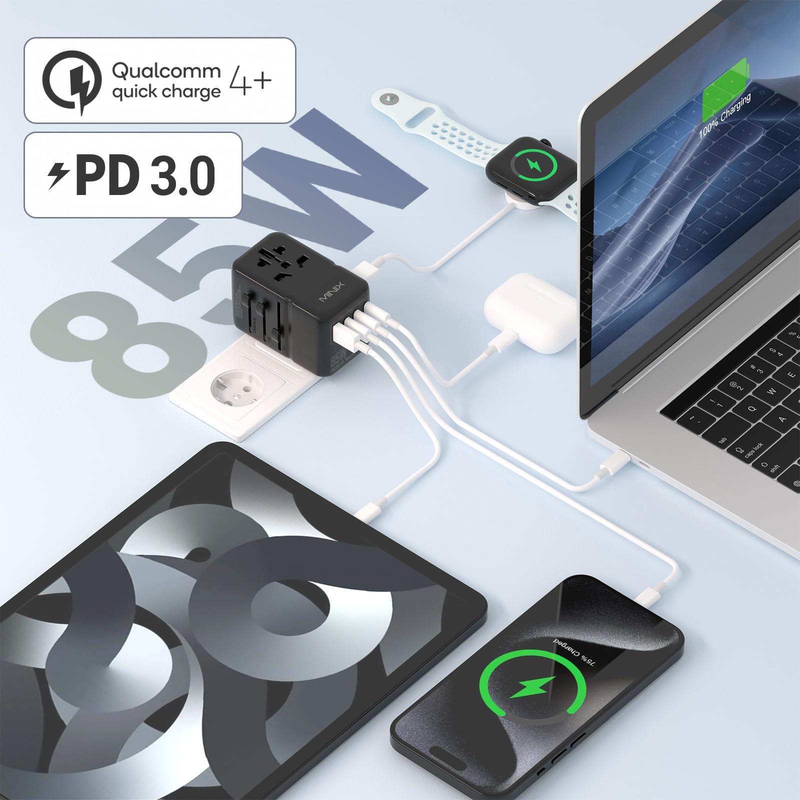 Minix 85W Universal Travel Adapter, Gan Iii International Power Adapter, 3 Usb C 2 Usb A Ports, Ac Outlet, Worldwide Us/Uk/Eu/Au