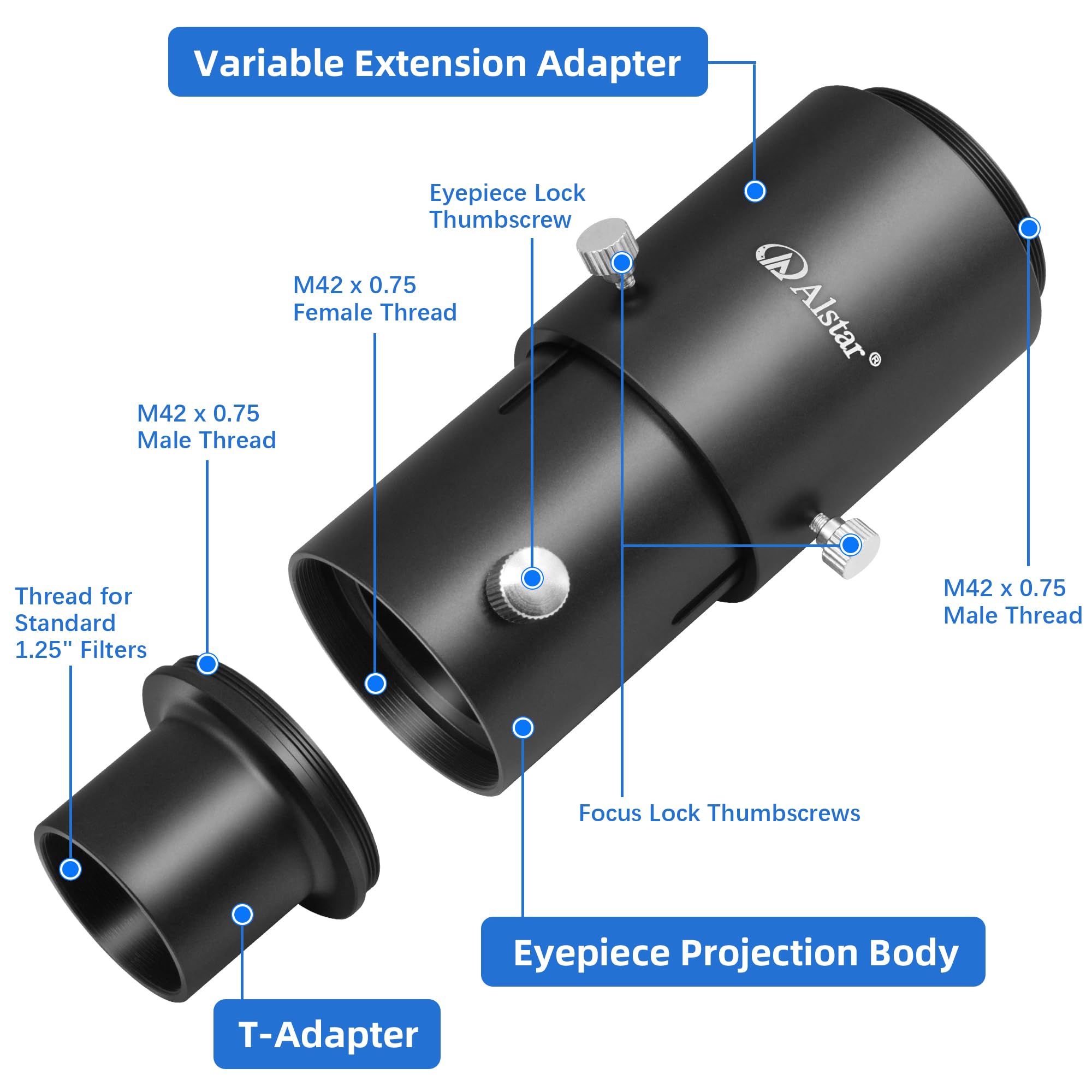 Alstar 1.25 Extendable Camera Adapter - For Either Prime-Focus Or Eyepiece-Projection Astrophotography With Refractors Or Reflec