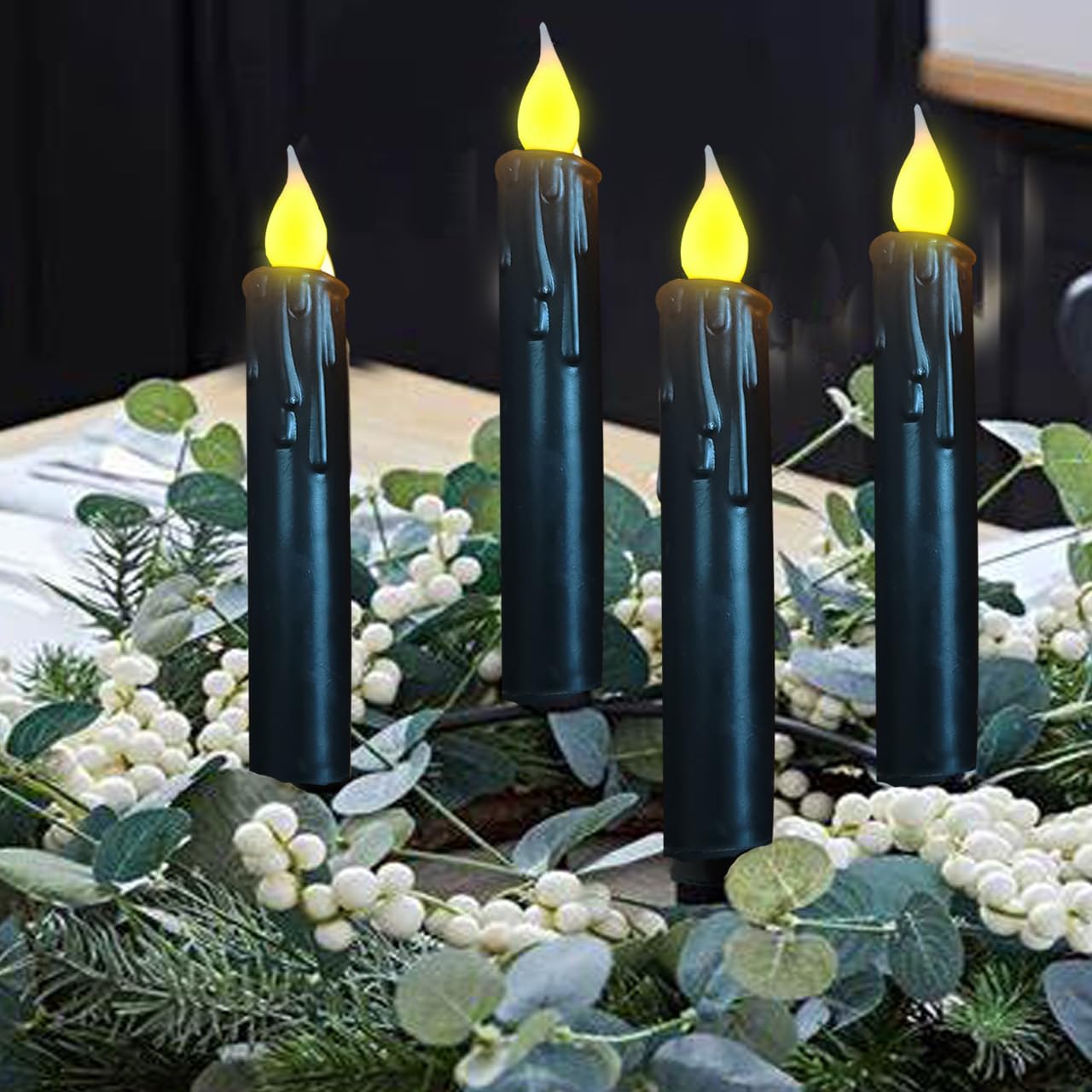 Lincountry.Primitive Wax Black Flameless Taper Candles Flickering Battery Operated Taper Candles With Timer,6.75 Inch 3D Wick 2