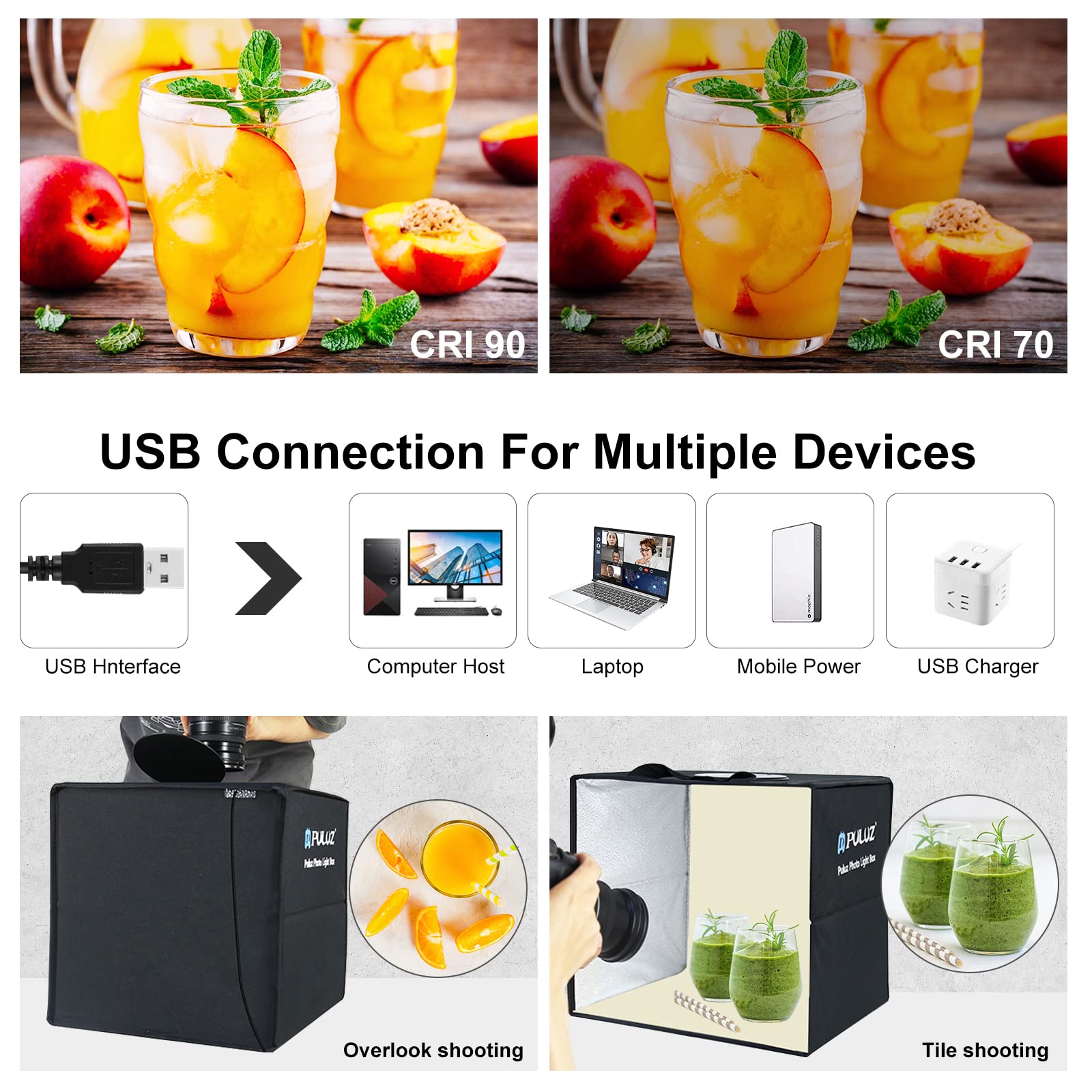 Puluz Photo Light Box, 16'' X 16'' Professional Foldable Portable Studio Photography, Tri Color Dimmable Light Shooting Tent Box