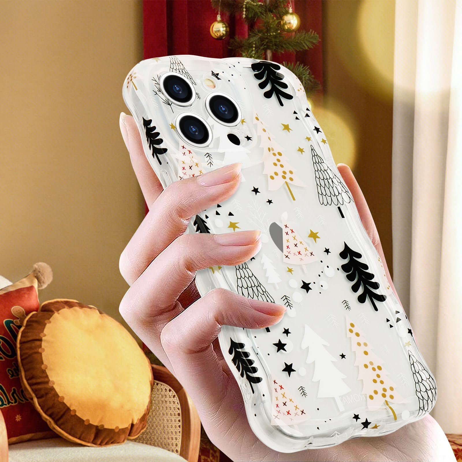 L Fadnut Christmas Phone Case For Iphone 15 Pro Cute Curly Wavy Merry Christmas Pattern Case Clear Santa Snowman Elk Cover For G