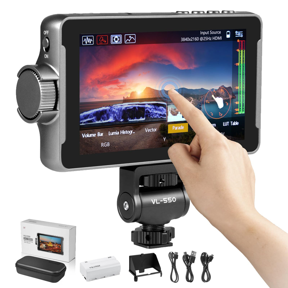 Viltrox Dc 550 Pro Touch Screen Dslr Camera Field Monitor 4K Hdmi, 5.5 Inch 1200 Nits Video Camera Monitor With Battery/Sunshade