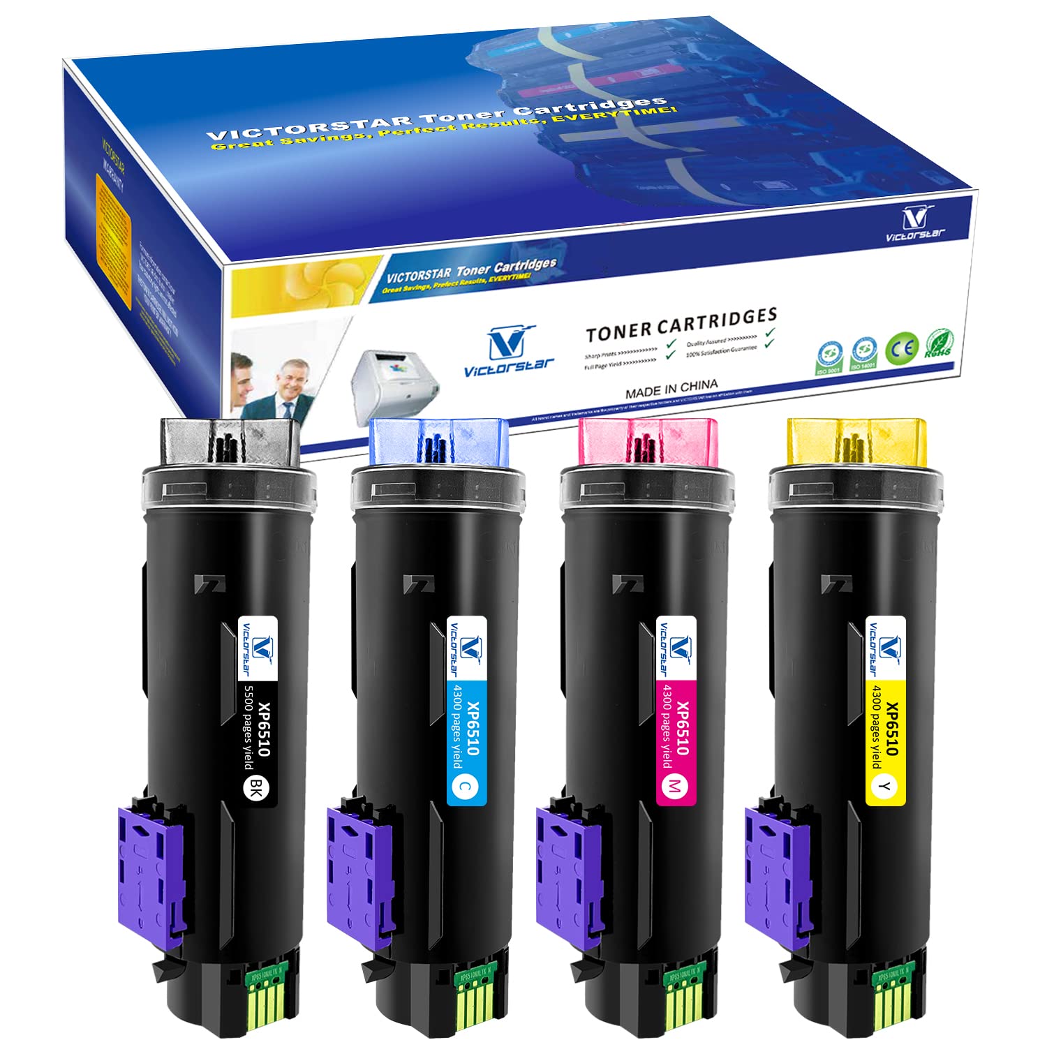 Victorstar 4 Colors Compatible Toner Cartridges 6510 6515 ?Extra High Yield? 5500 Pages Bk, 4300 Pages Cmy For Xerox Phaser 6510N 6510Dn 6510Dni 6510Dnm Workcentre 6515 6515N 6515Dn 6515Dni 6515Dnm