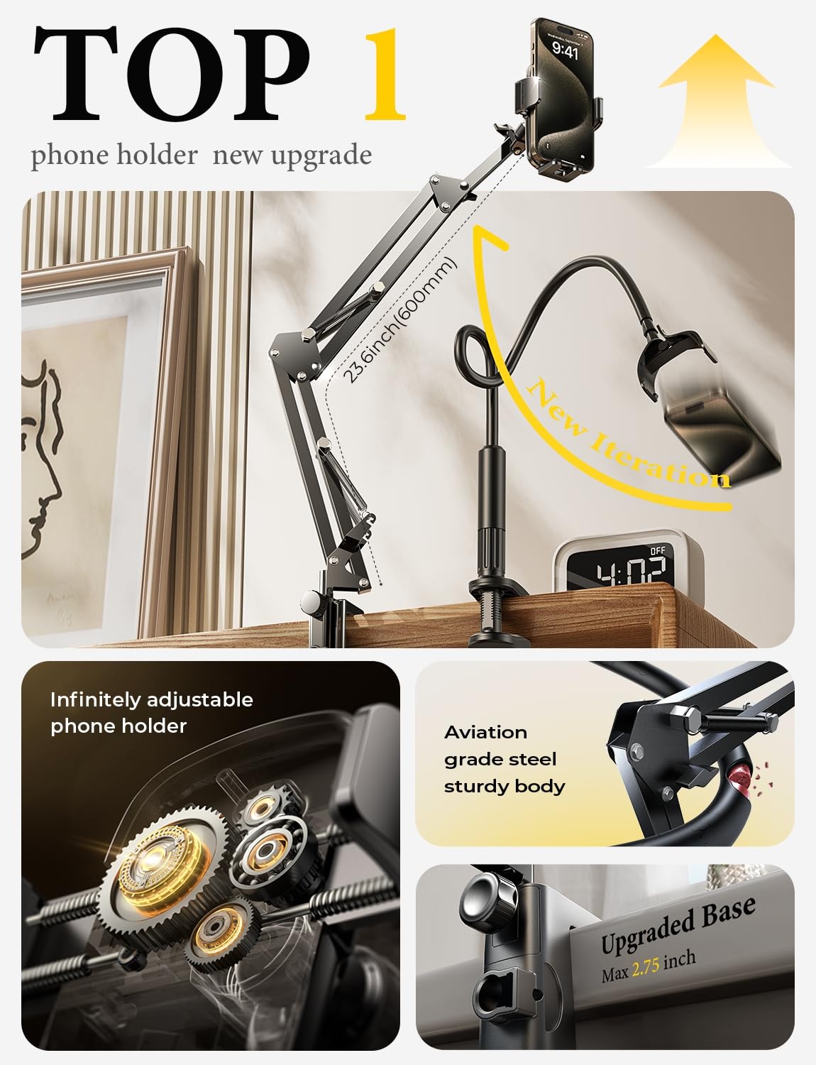 LISEN Gooseneck Phone Holder for Bed & Desk, Flexible Arm Clamp Stand, Black, Ideal for Filming & Recording, 3rd Upgrade Model