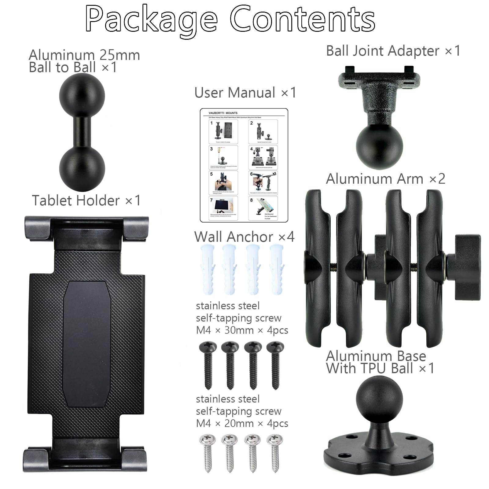 Vaubortti Aluminum Heavy Duty Dual Arm Tablet Mount With 4 Point 360 Rotation Drill Base   Fits 6.5'' 12.9'' Tablets (Ipad, Gala